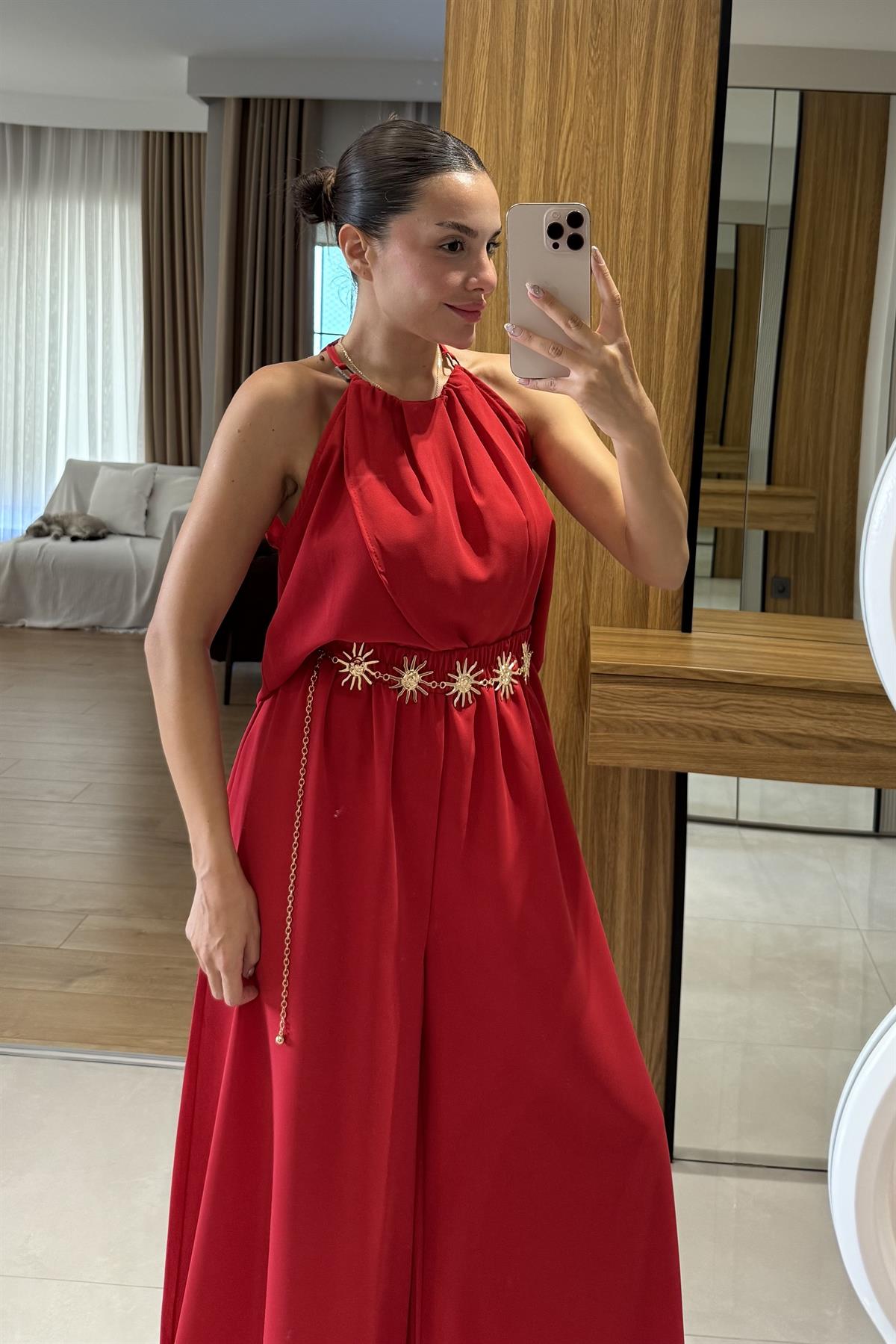 Draya Kırmızı  Boyun Detaylı Pantolonlu Takım