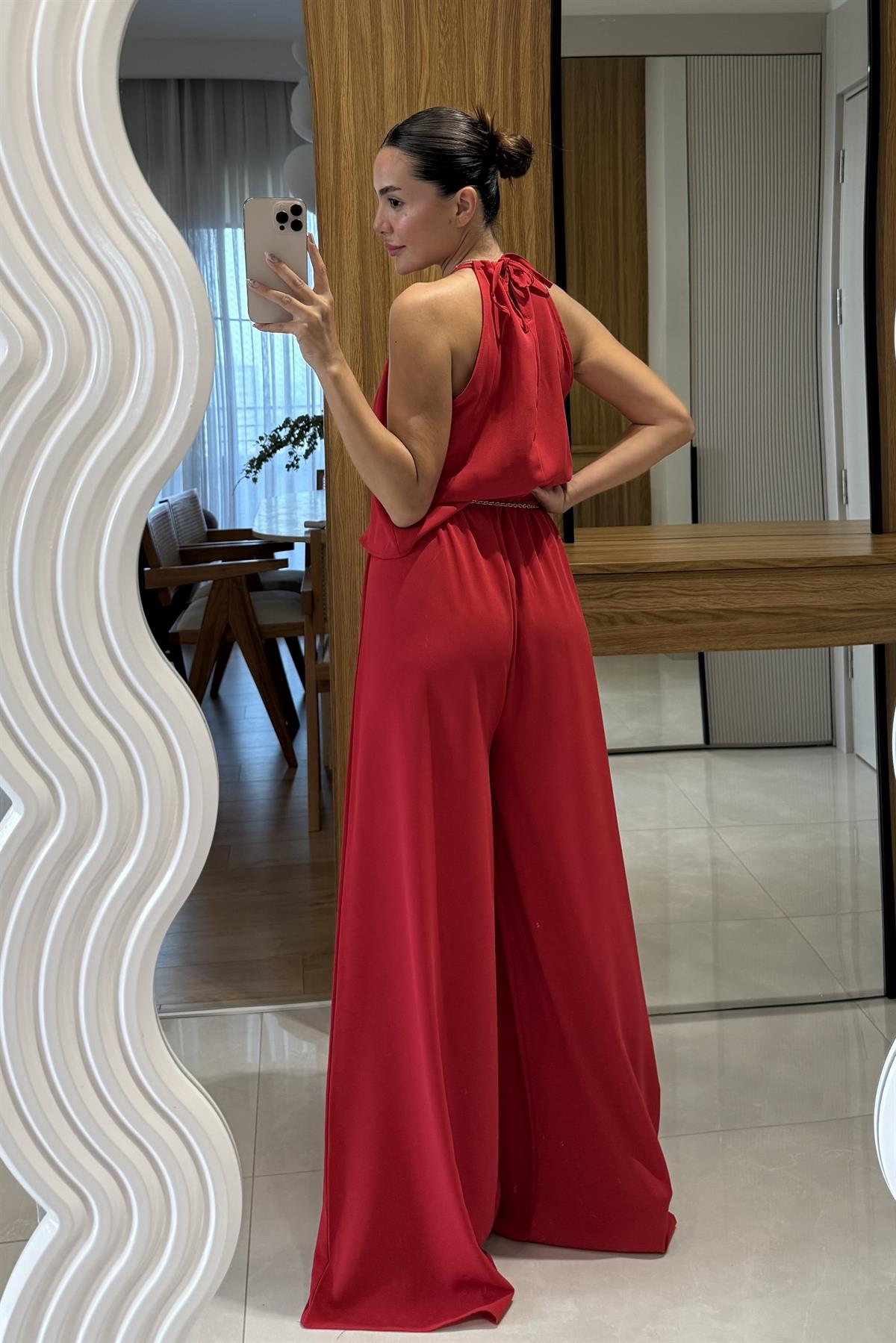 Draya Kırmızı  Boyun Detaylı Pantolonlu Takım