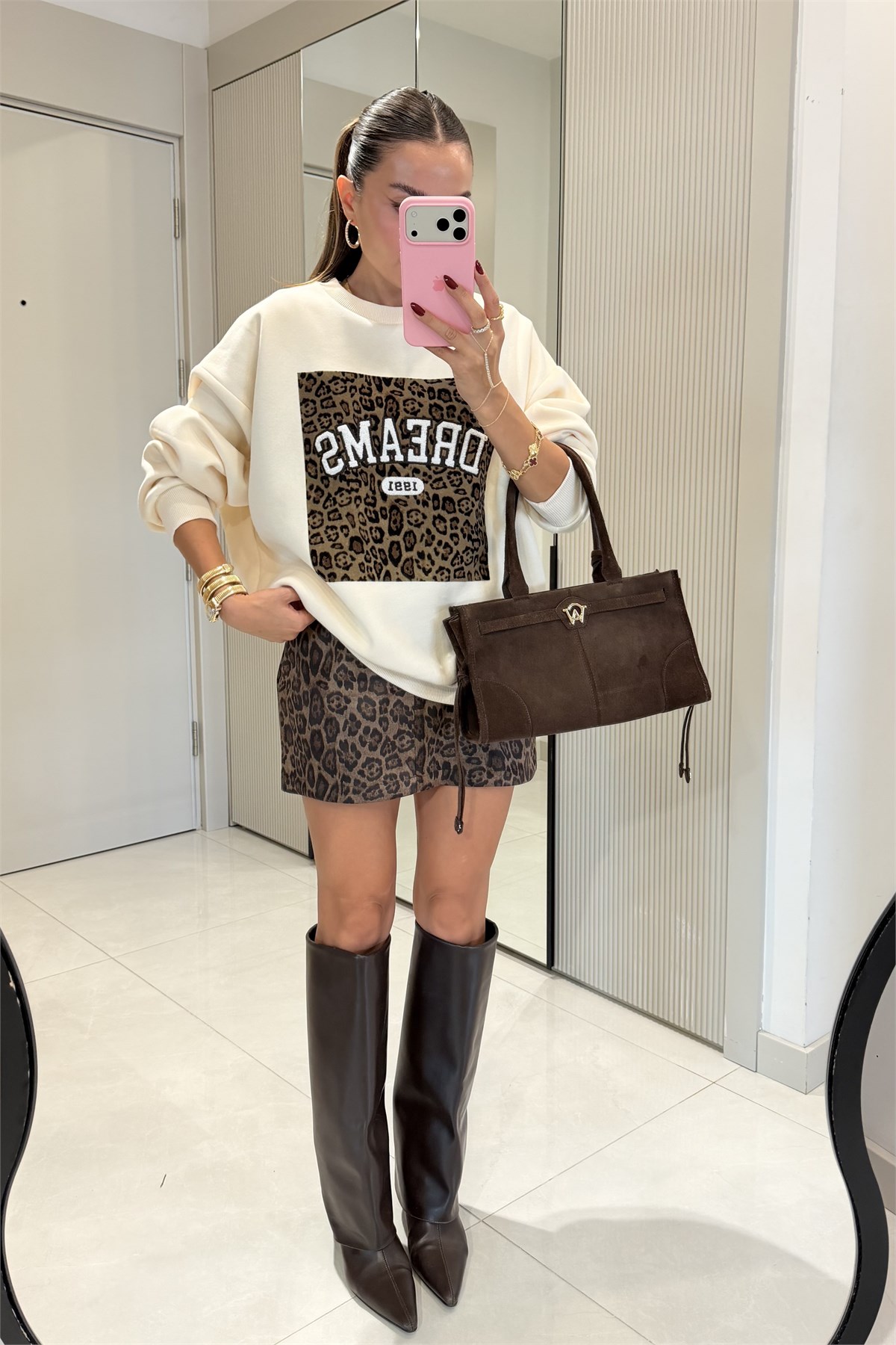 Dreams Ekru Leopar Desenli Sweatshirt