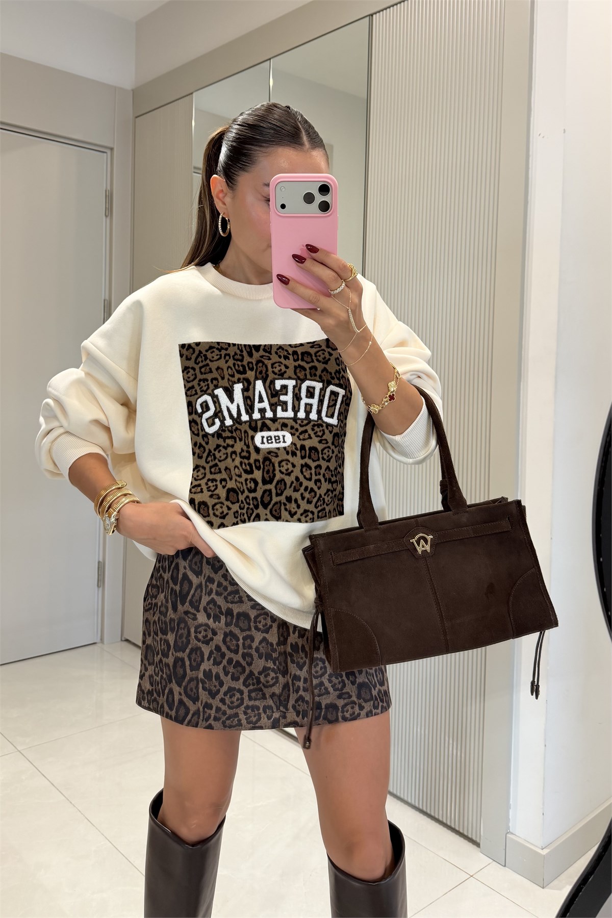 Dreams Ekru Leopar Desenli Sweatshirt