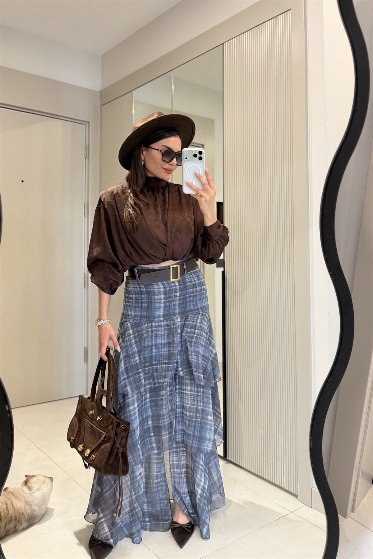 Dustin Mavi Kat Kat Kemerli Ekose Etek