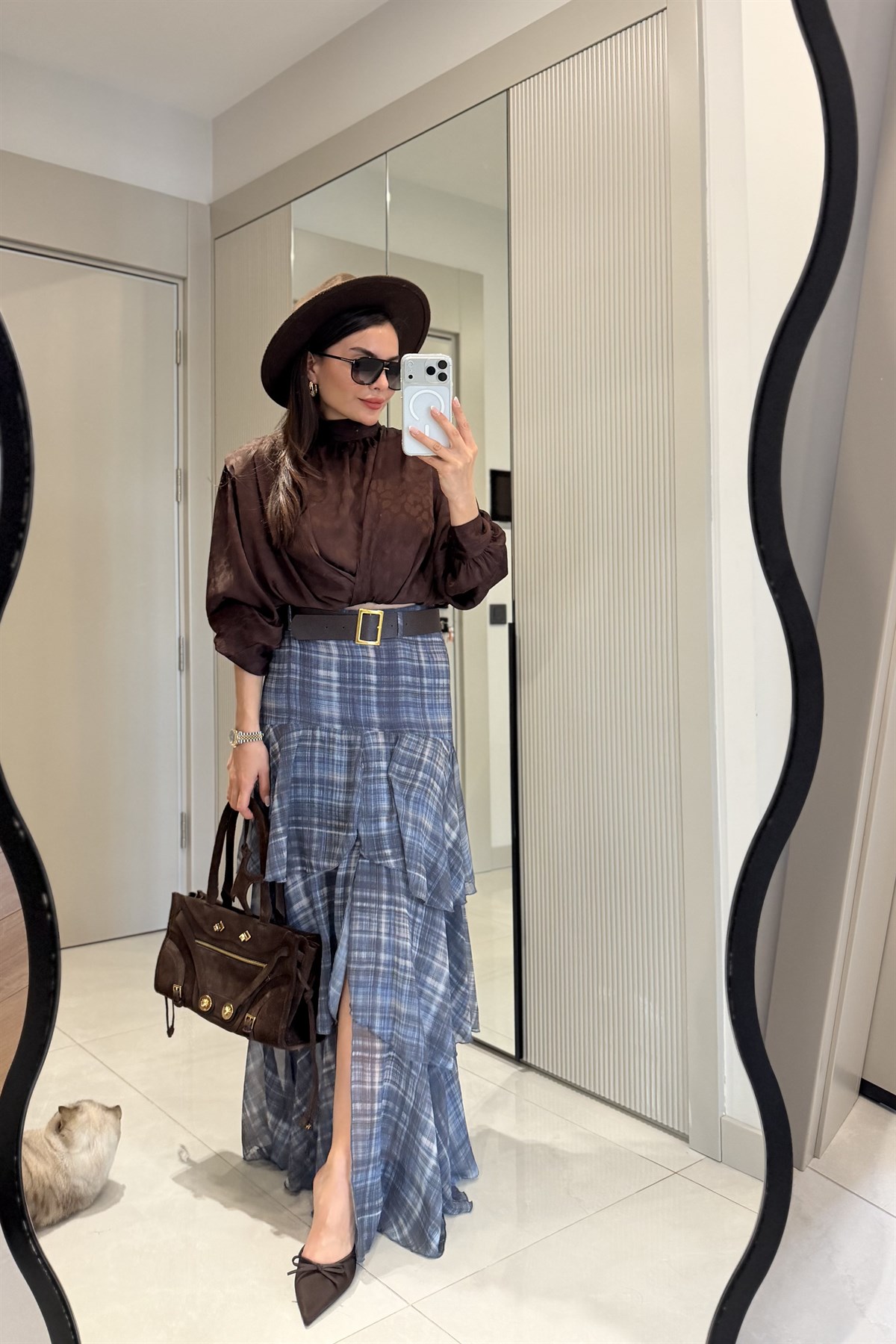 Dustin Mavi Kat Kat Kemerli Ekose Etek