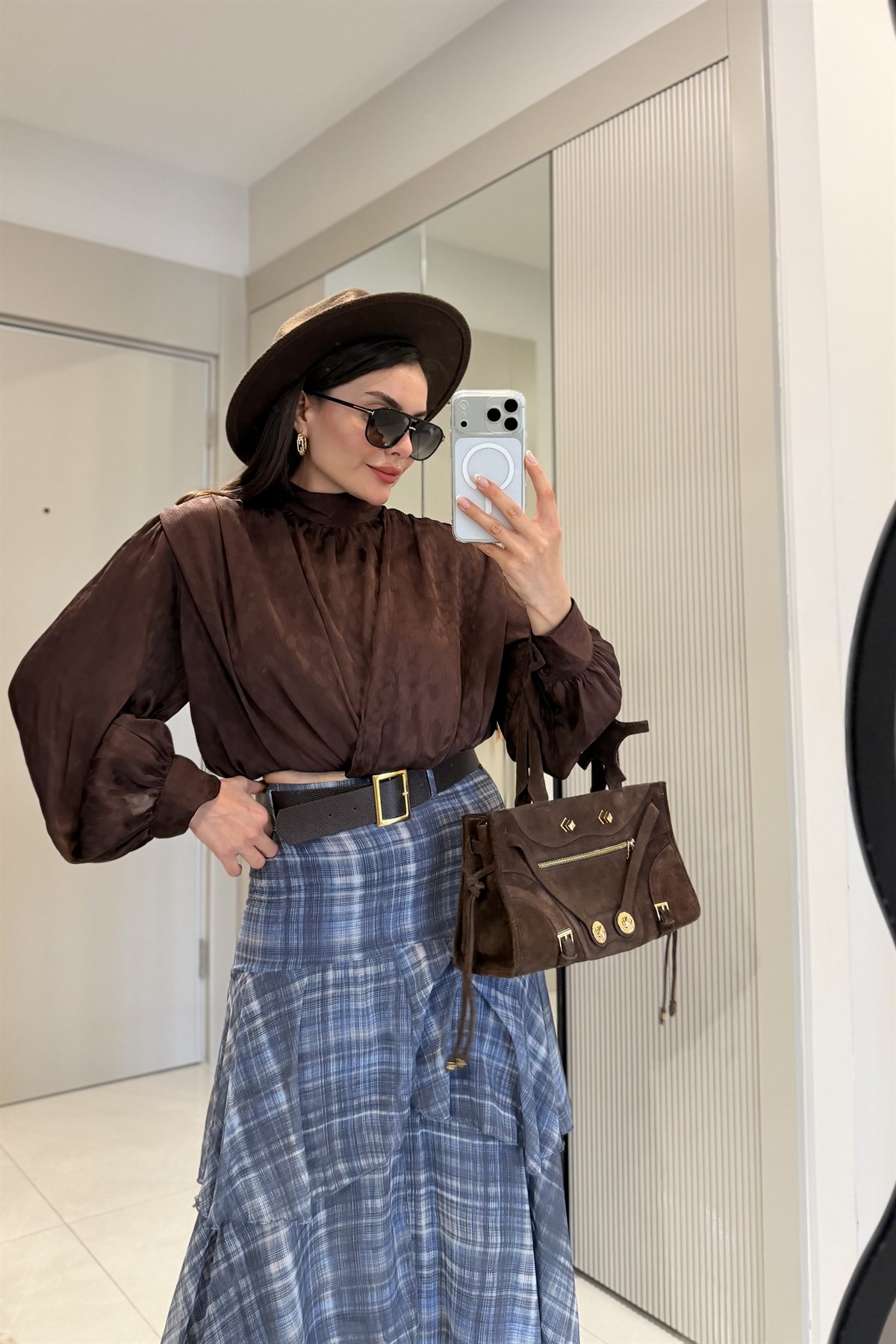 Dustin Mavi Kat Kat Kemerli Ekose Etek