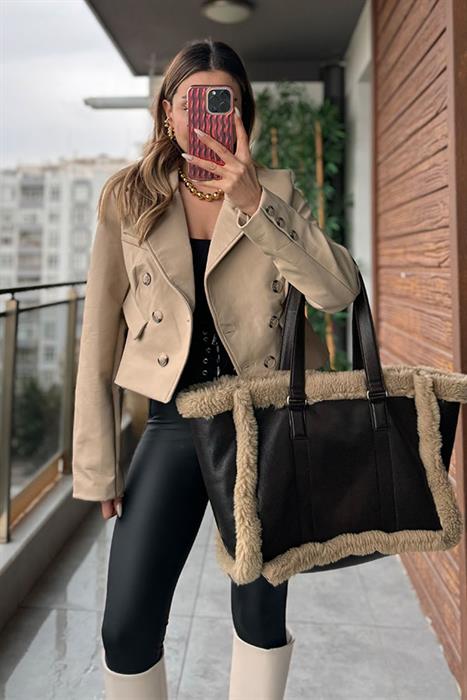 Edisa Kruvaze Deri Ceket - Bej