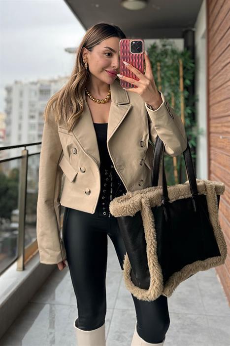 Edisa Kruvaze Deri Ceket - Bej