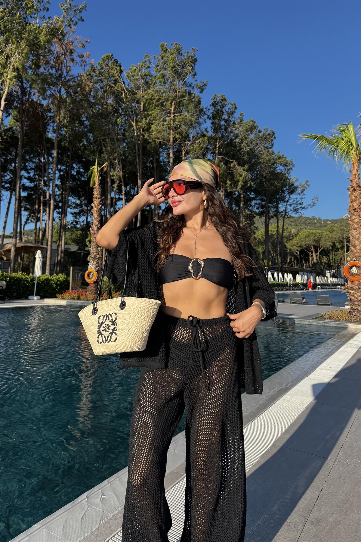 Edward Siyah Ajurlu Gömlek Pantolon Yazlık Takım