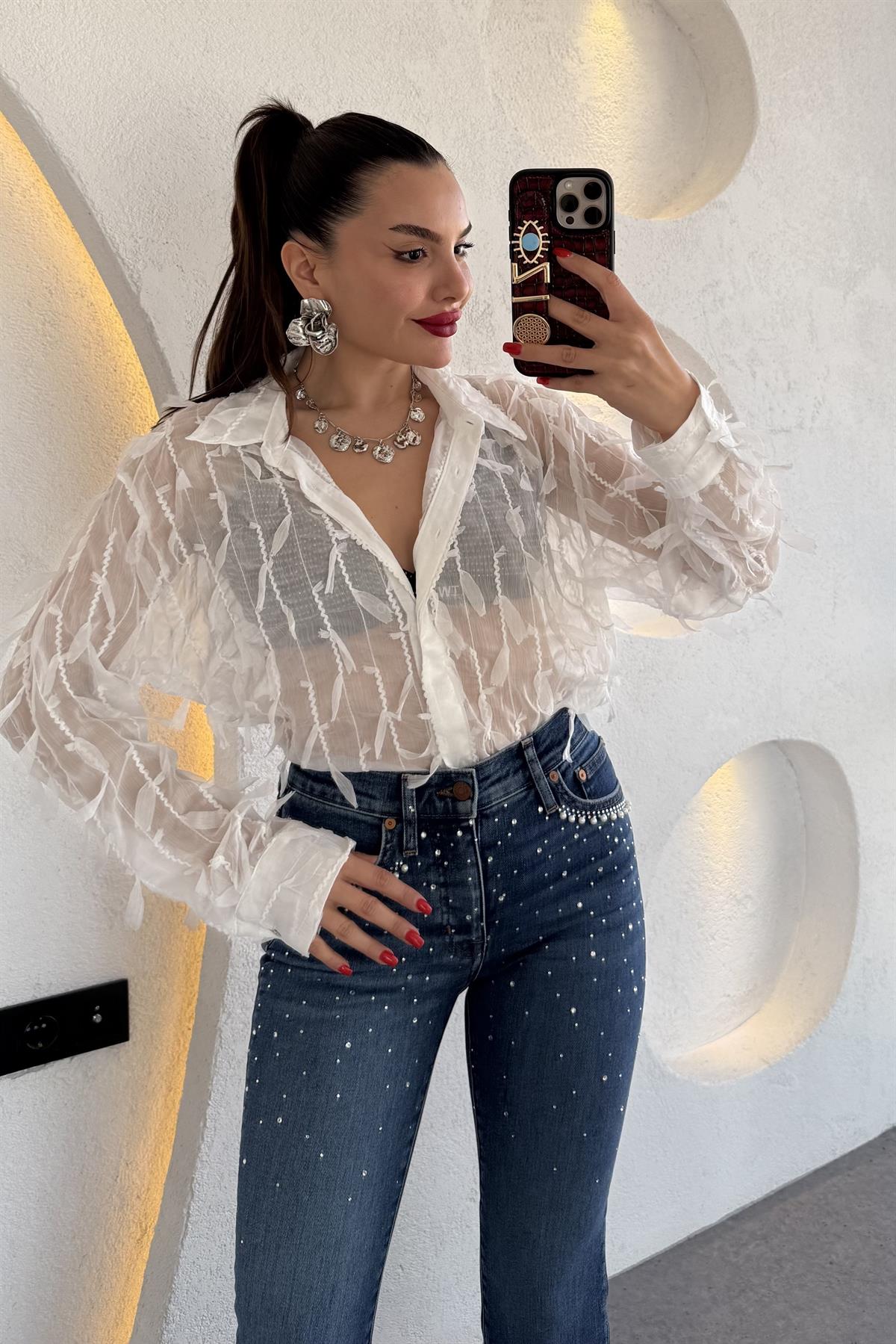 Edwin Beyaz 3 Boyutlu Transparan Gömlek