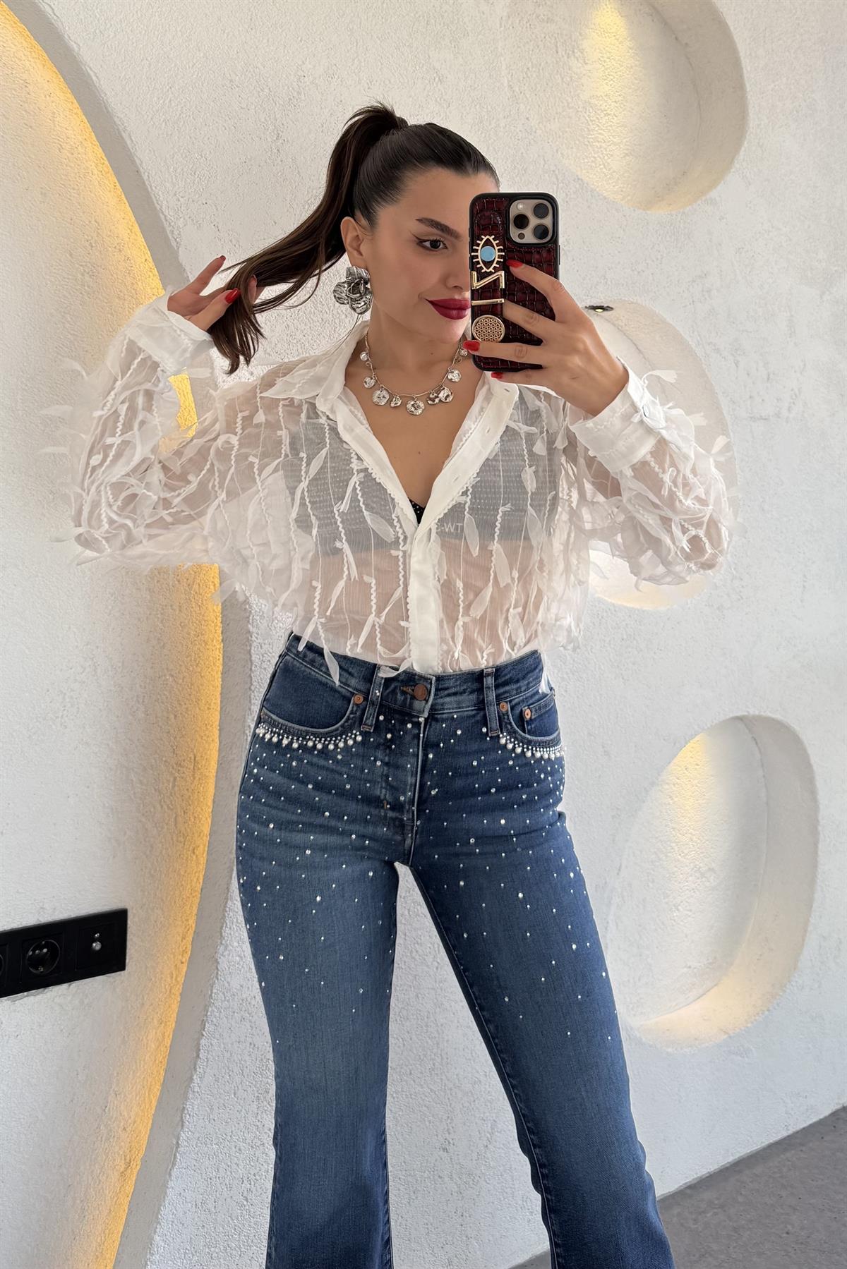 Edwin Beyaz 3 Boyutlu Transparan Gömlek