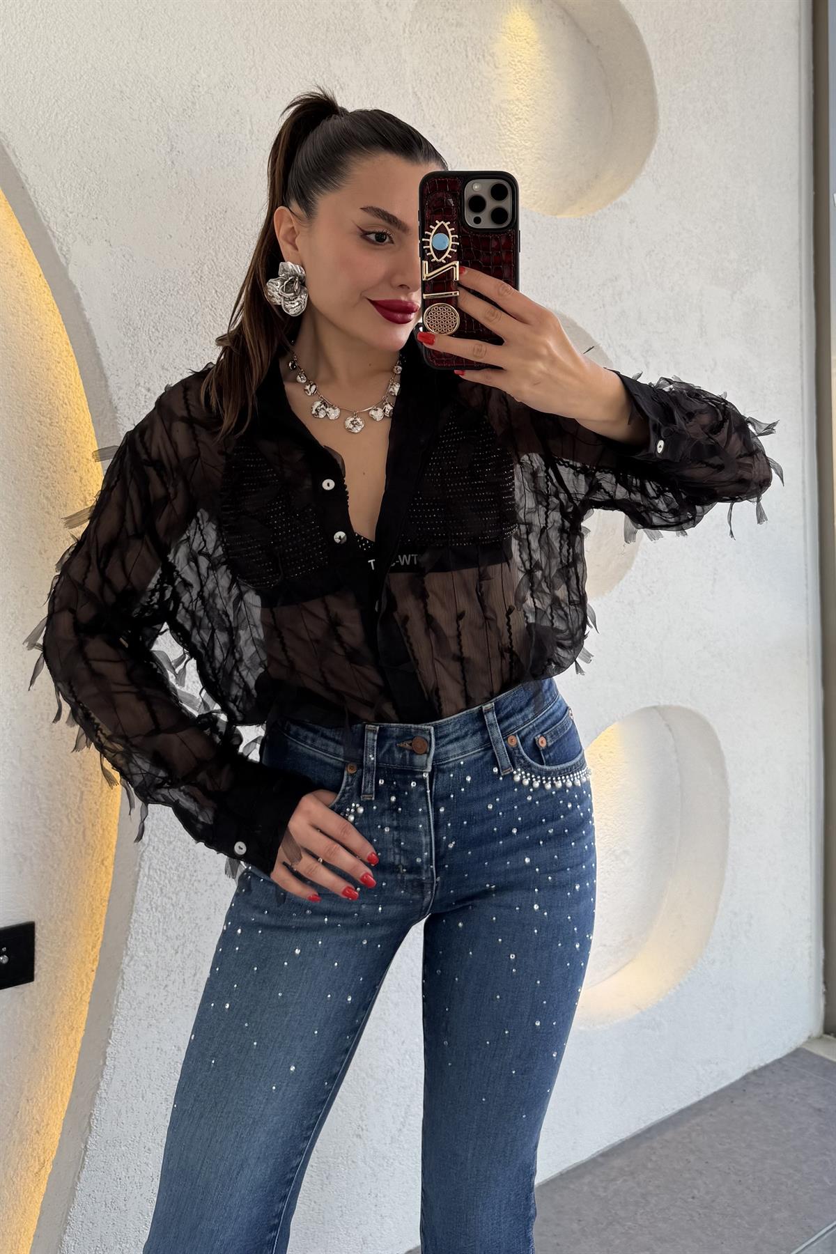 Edwin Siyah 3 Boyutlu Transparan Gömlek