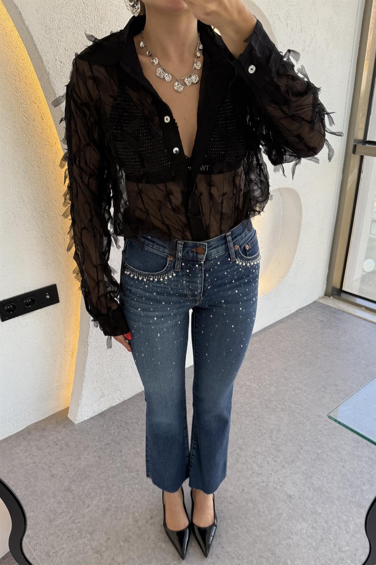 Edwin Siyah 3 Boyutlu Transparan Gömlek