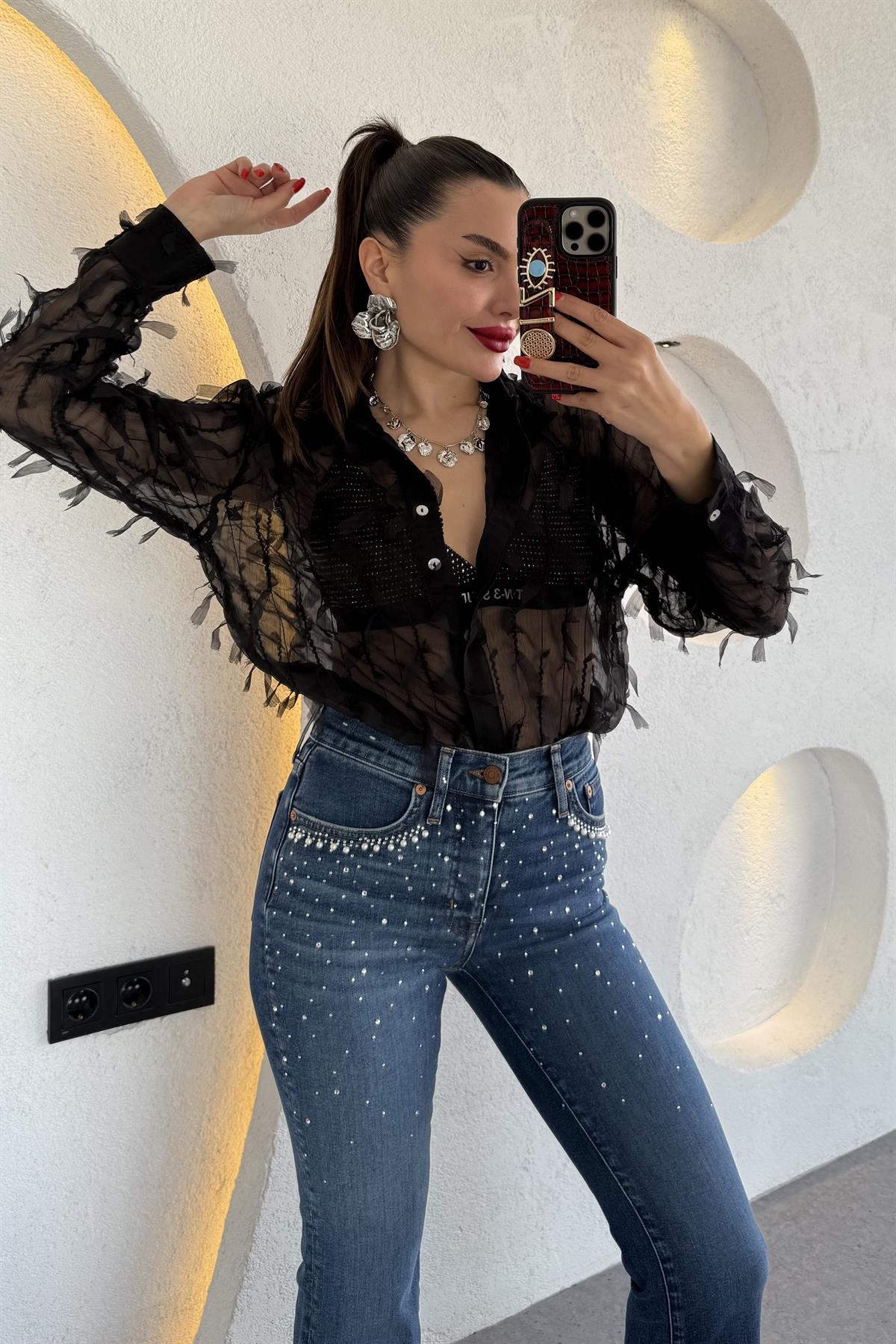 Edwin Siyah 3 Boyutlu Transparan Gömlek