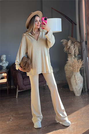 Ekru krep kumaş ispanyol pantolon