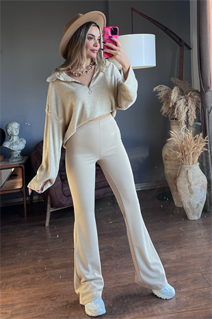 Ekru krep kumaş ispanyol pantolon