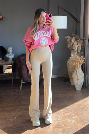 Ekru krep kumaş ispanyol pantolon