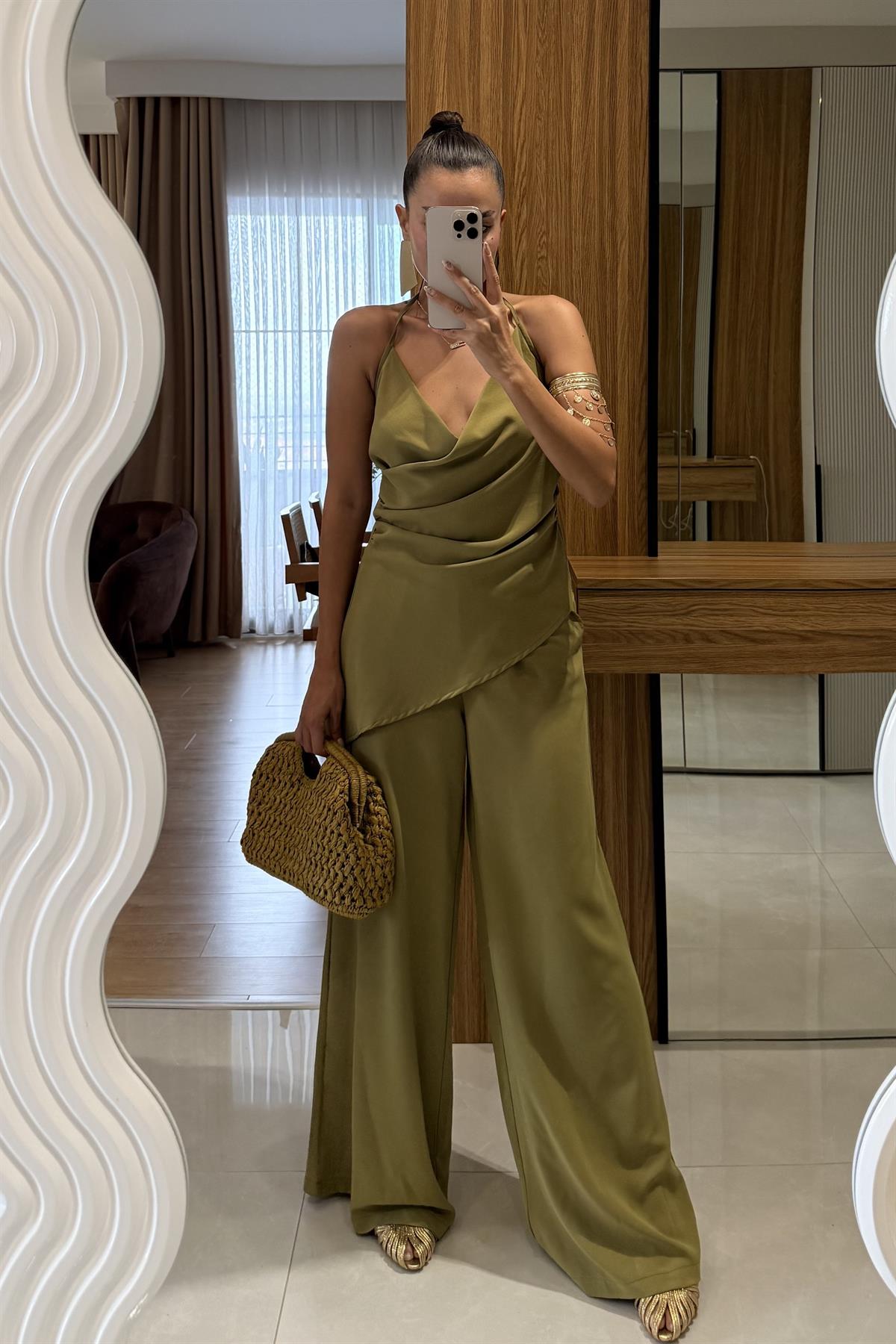 Elabella Yağ Yeşili Çapraz Drapeli İkili Takım