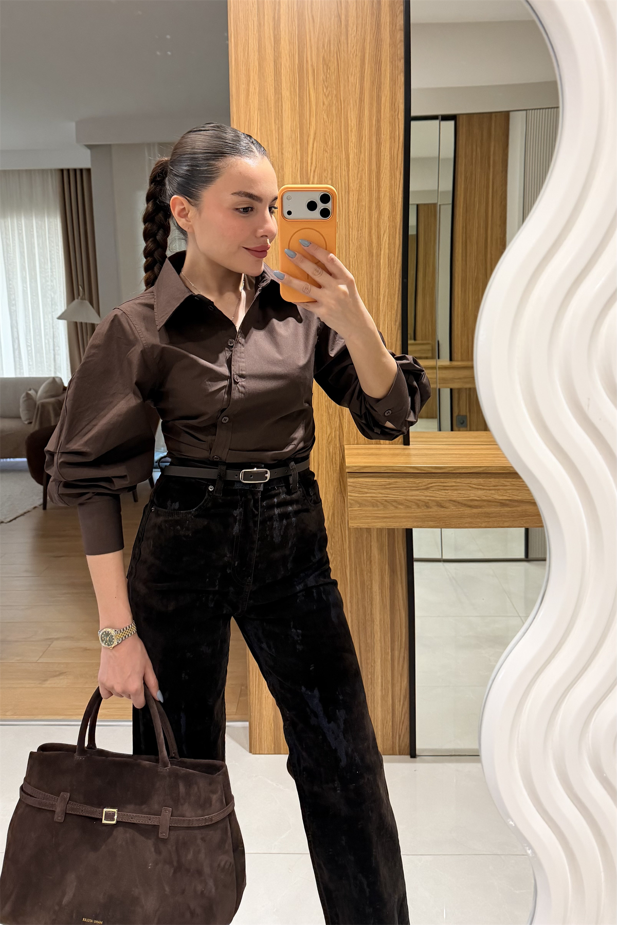 Eleni Kahve Balon Kol Gömlek