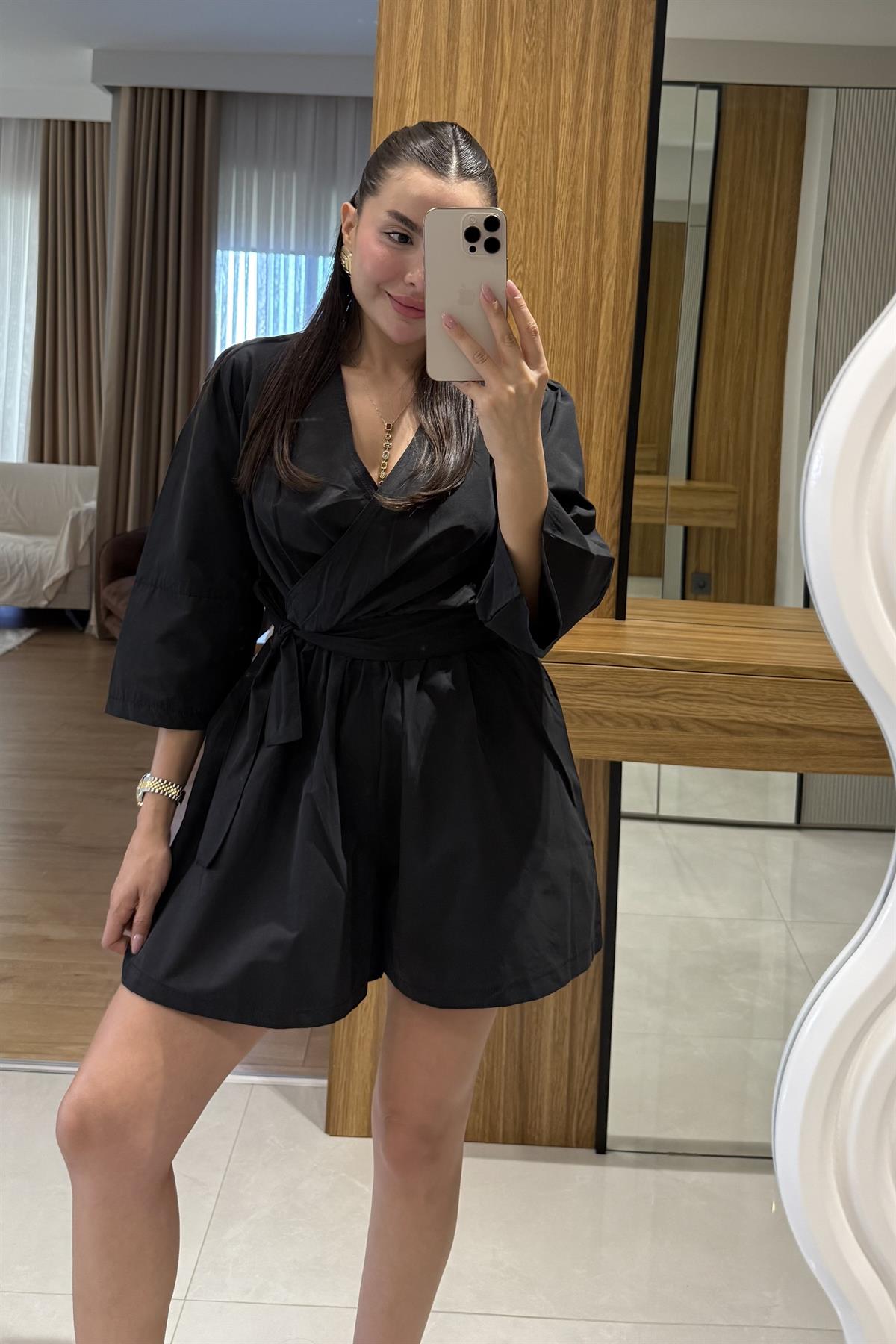 Elinora Siyah Balon Kol Tulum