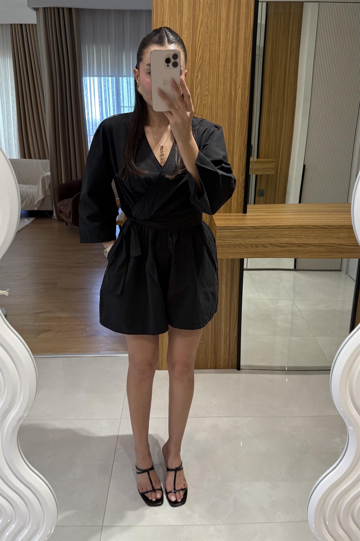 Elinora Siyah Balon Kol Tulum