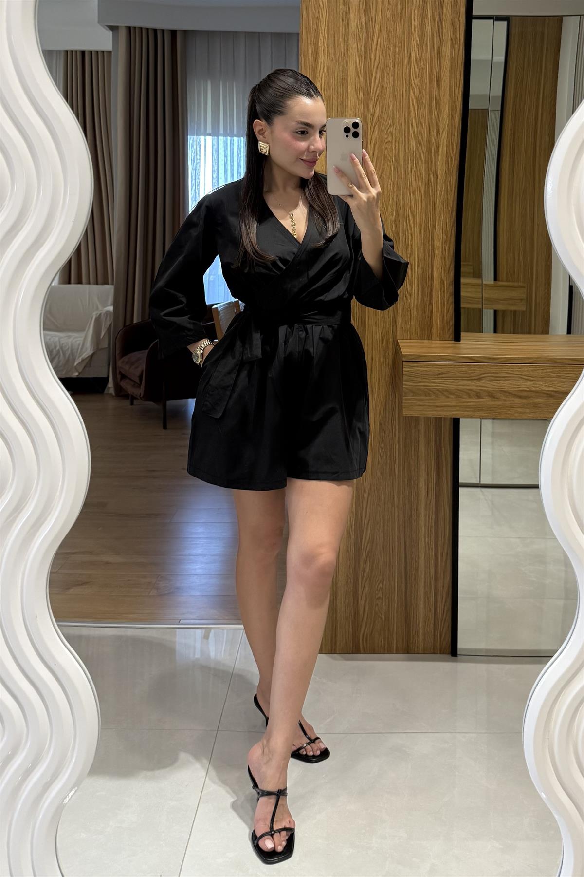 Elinora Siyah Balon Kol Tulum