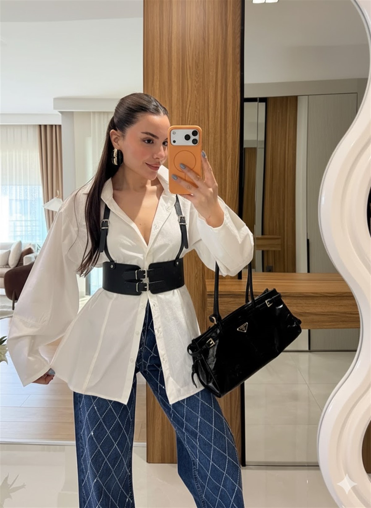 Elior Siyah Çift Tokalı Deri  Korse Kemer