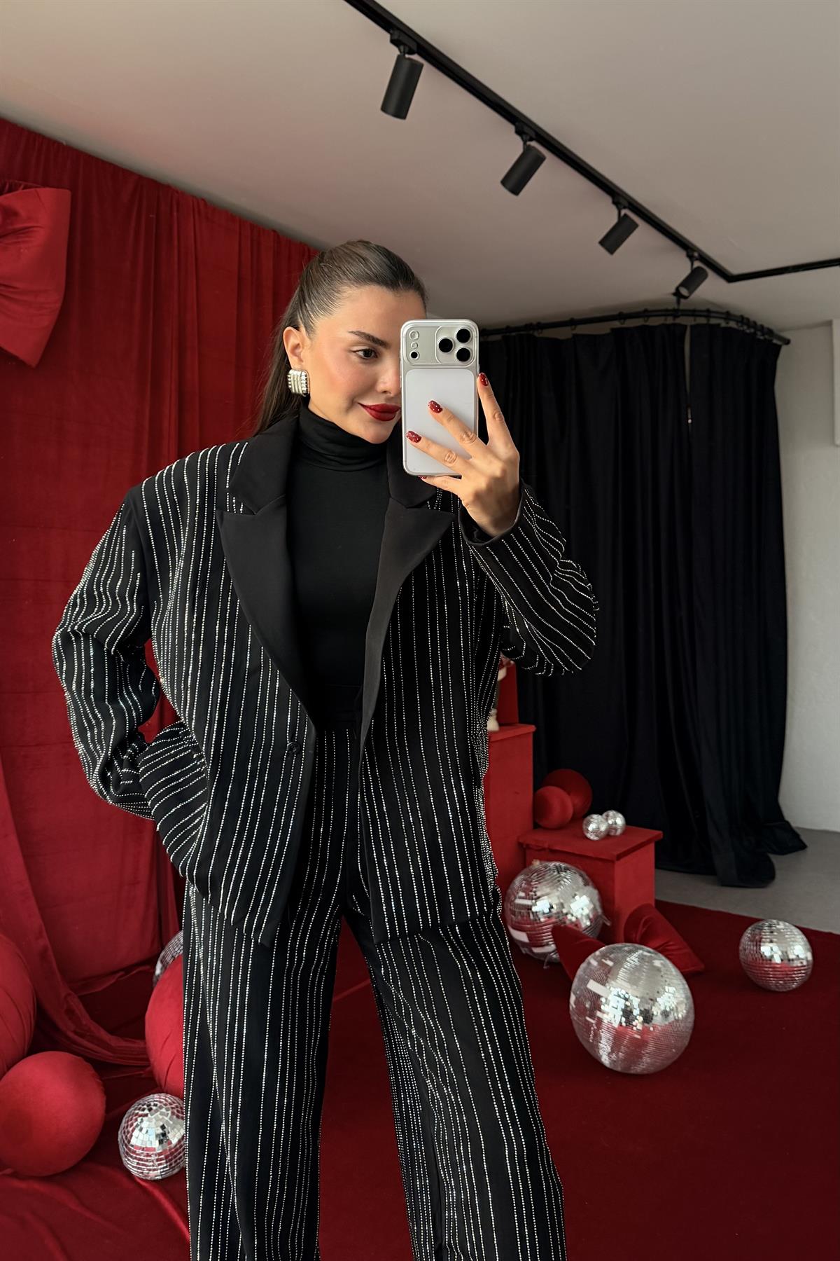 Elisha Siyah Full Taşlı Blazer