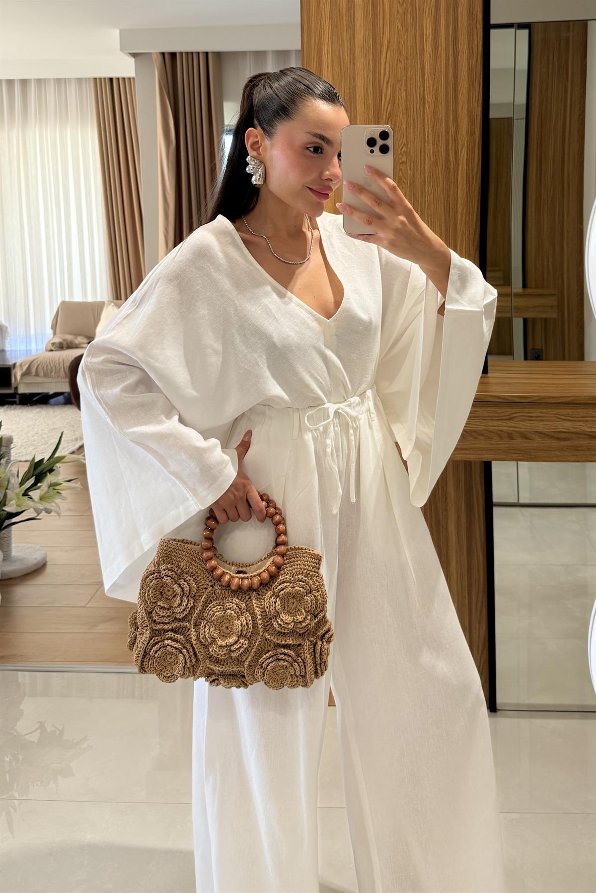 Eliska Beyaz Ham Keten Yarasa Kol Takım