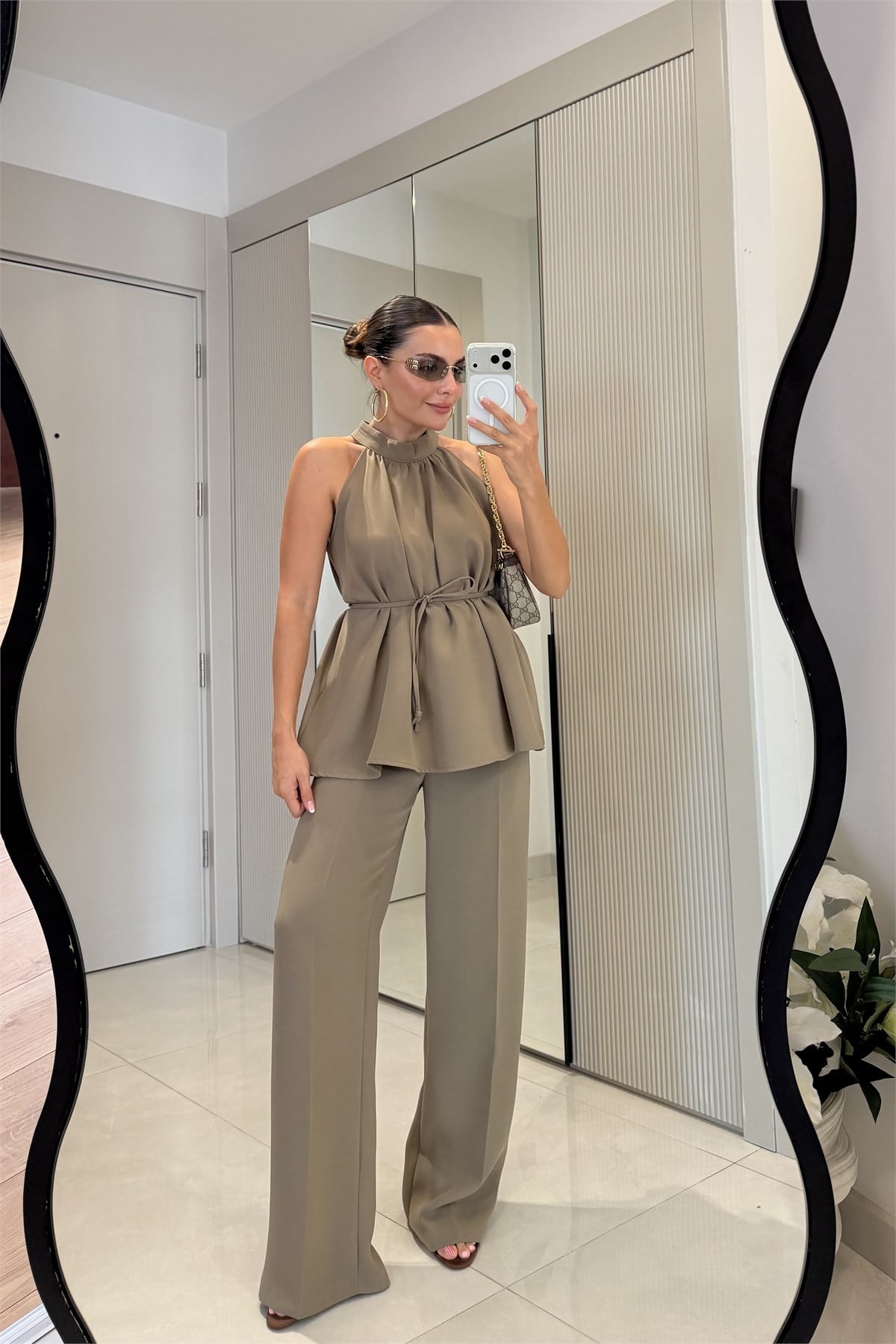 Eliska Haki İp Bağlamalı Bluz Pantolon Takım