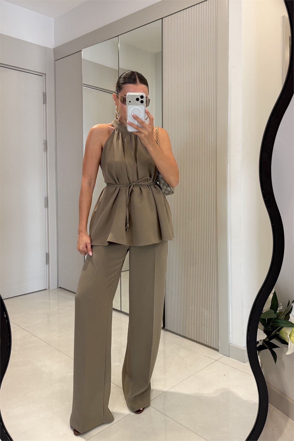 Eliska Haki İp Bağlamalı Bluz Pantolon Takım