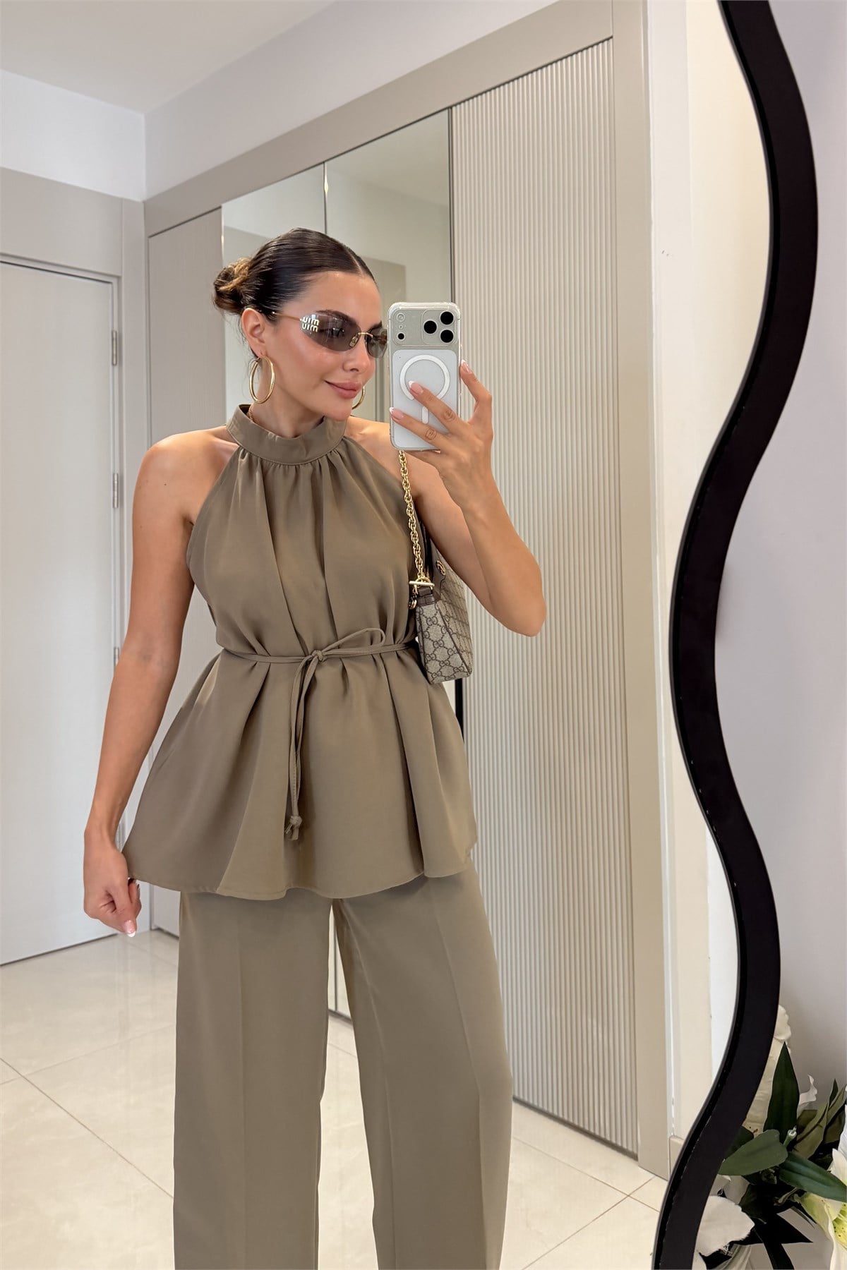 Eliska Haki İp Bağlamalı Bluz Pantolon Takım