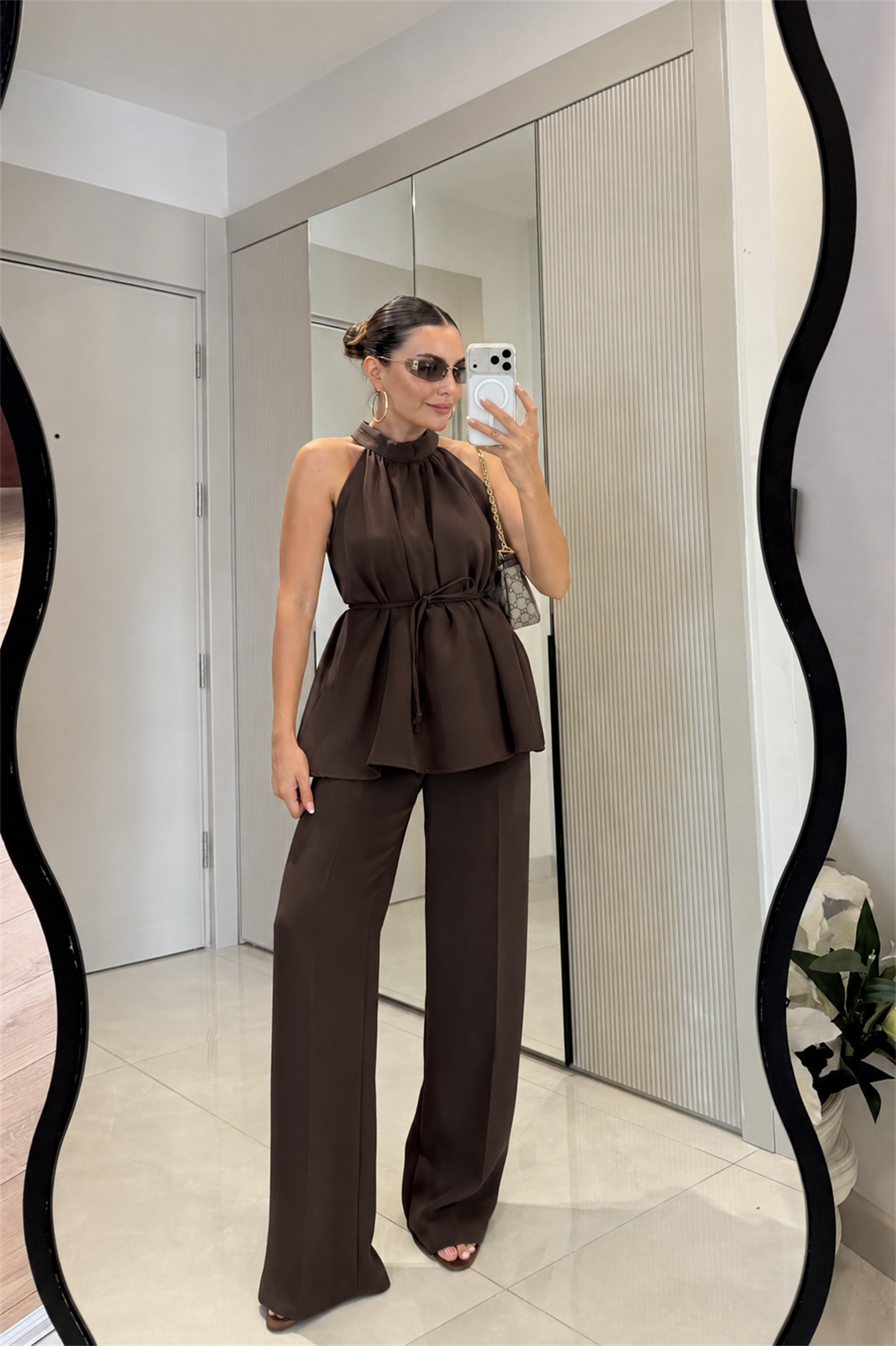 Eliska Kahve İp Bağlamalı Bluz Pantolon Takım