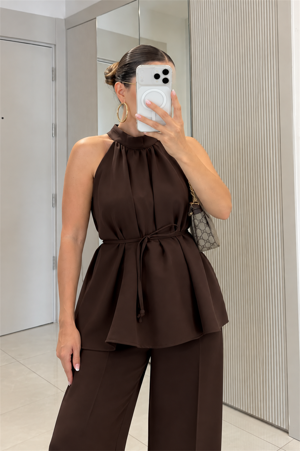 Eliska Kahve İp Bağlamalı Bluz Pantolon Takım