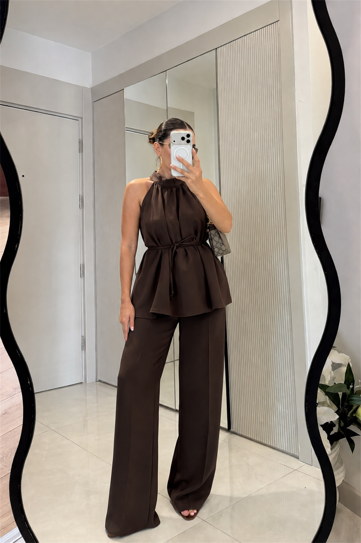 Eliska Kahve İp Bağlamalı Bluz Pantolon Takım