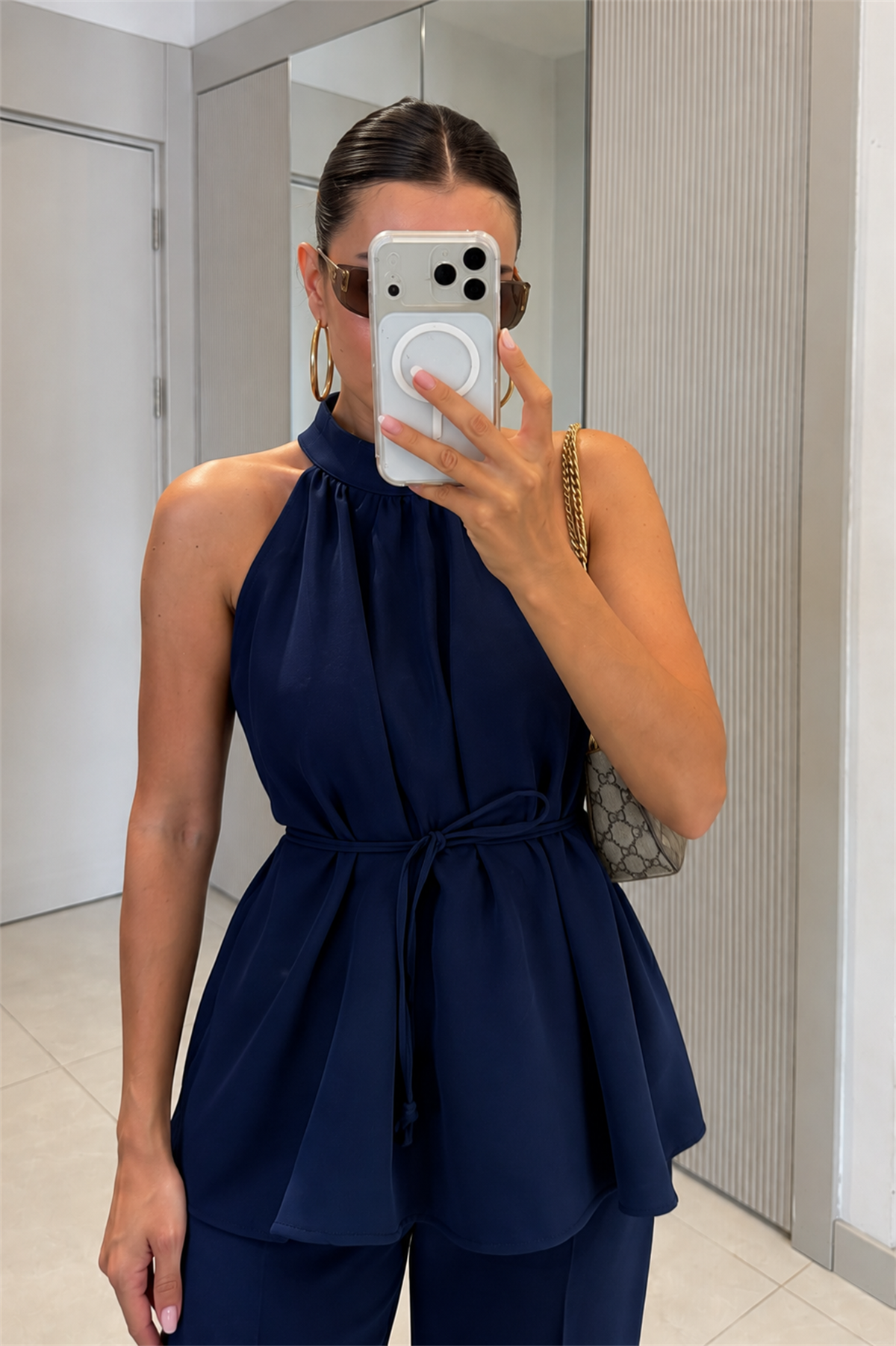 Eliska Lacivert İp Bağlamalı Bluz Pantolon Takım