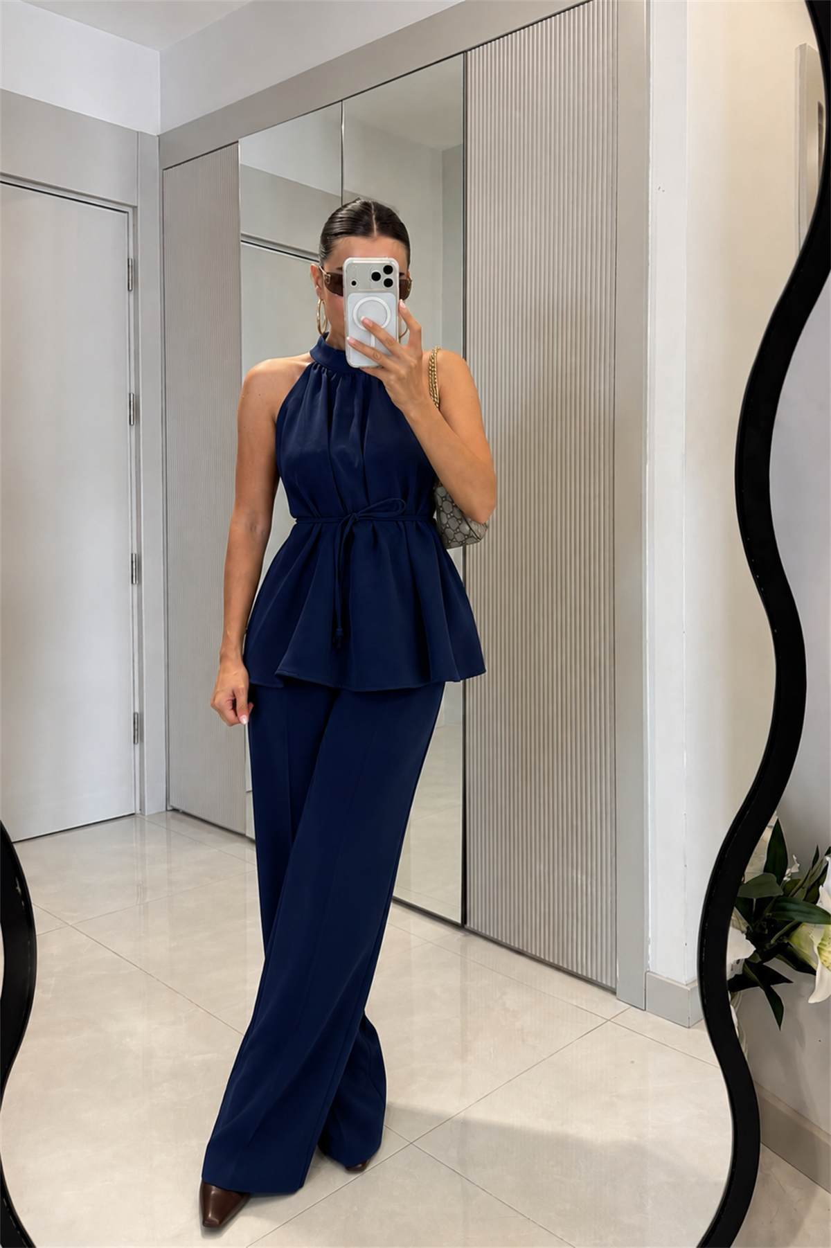 Eliska Lacivert İp Bağlamalı Bluz Pantolon Takım