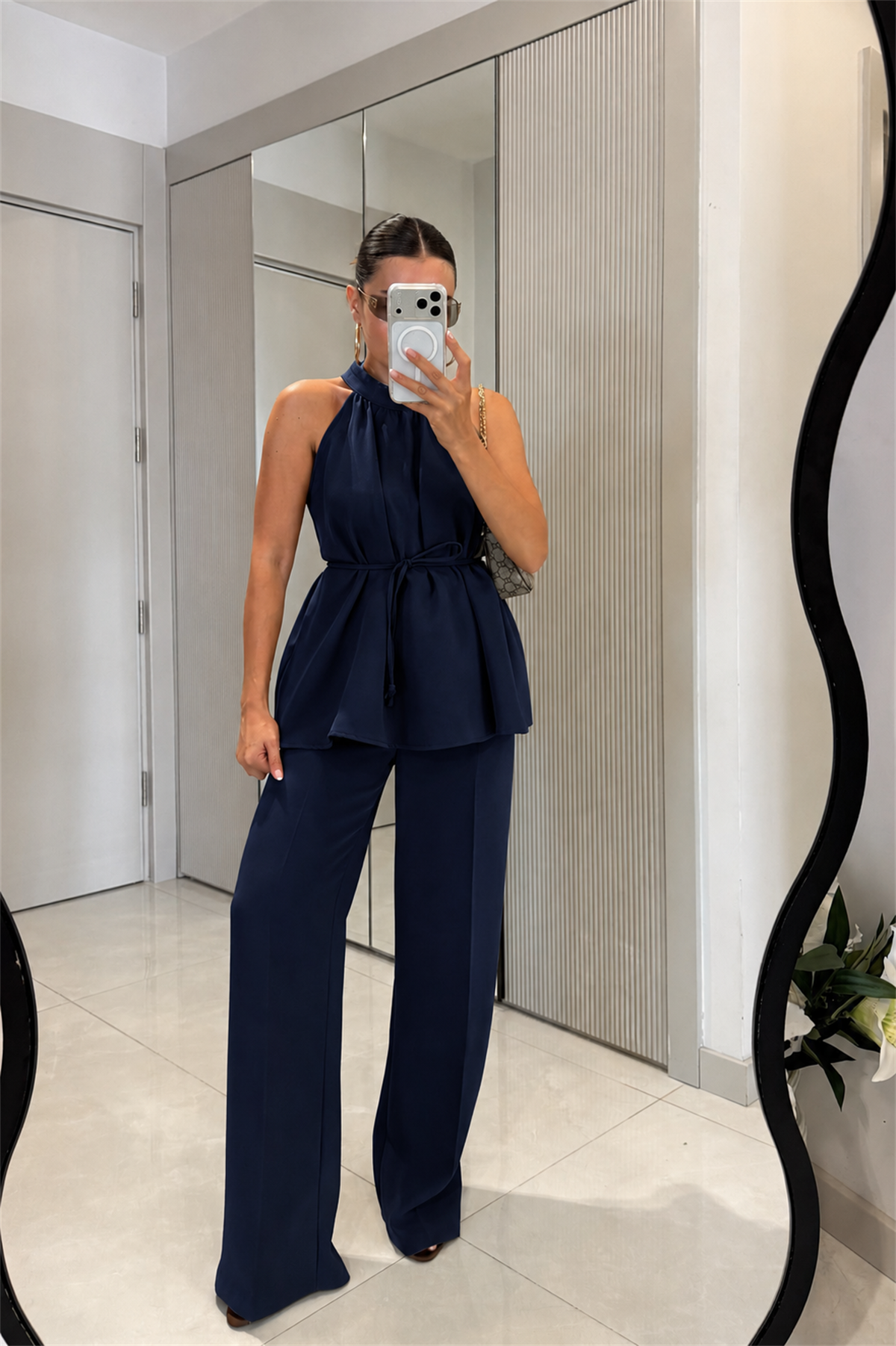 Eliska Lacivert İp Bağlamalı Bluz Pantolon Takım