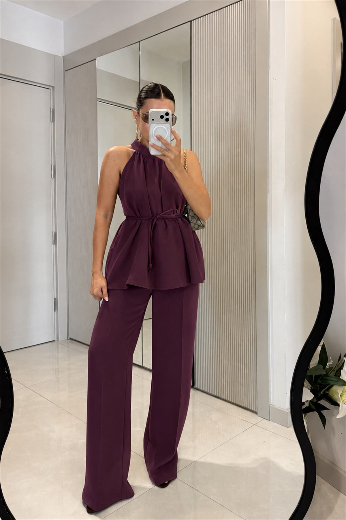 Eliska Mürdüm İp Bağlamalı Bluz Pantolon Takım