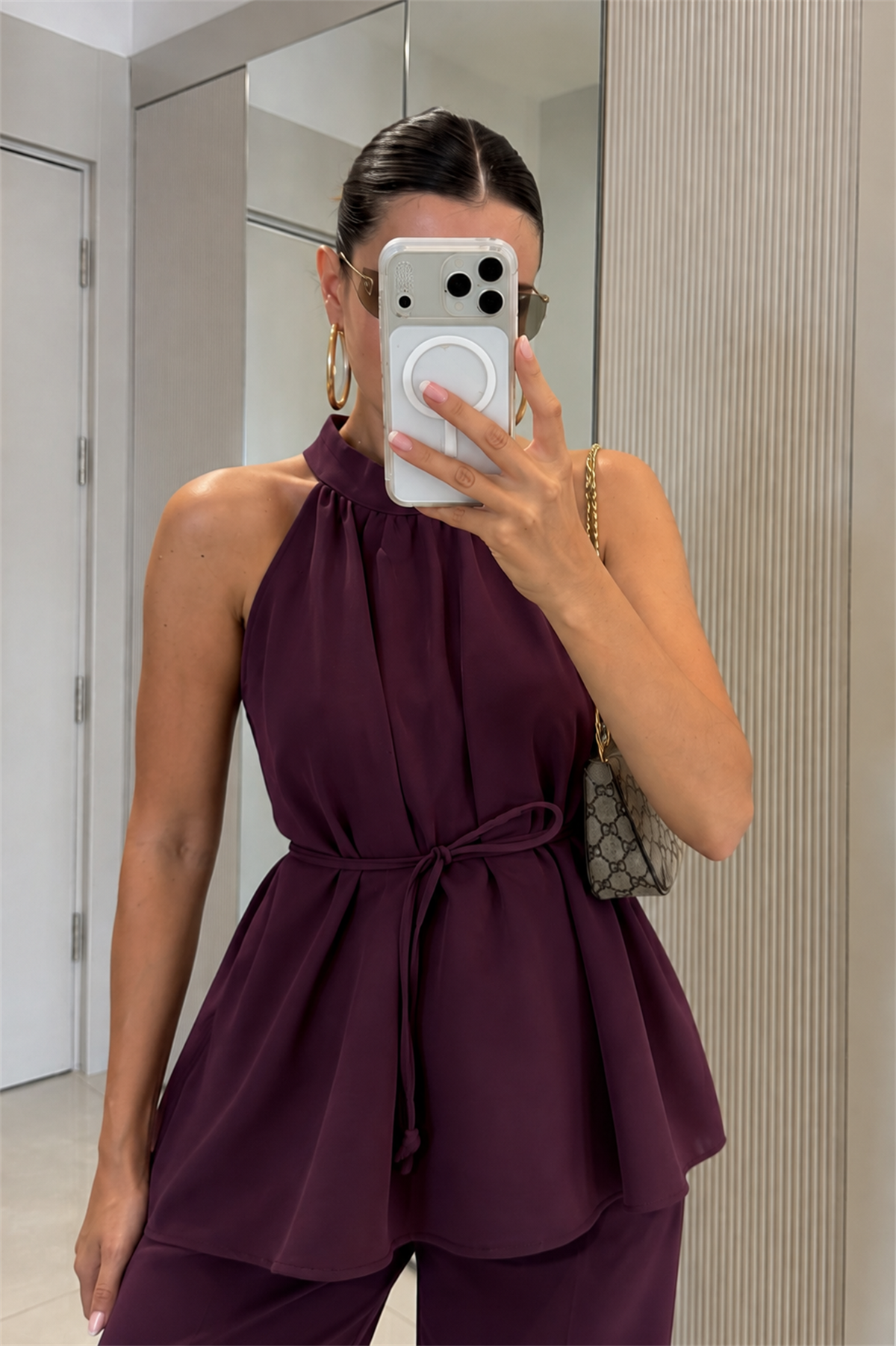 Eliska Mürdüm İp Bağlamalı Bluz Pantolon Takım