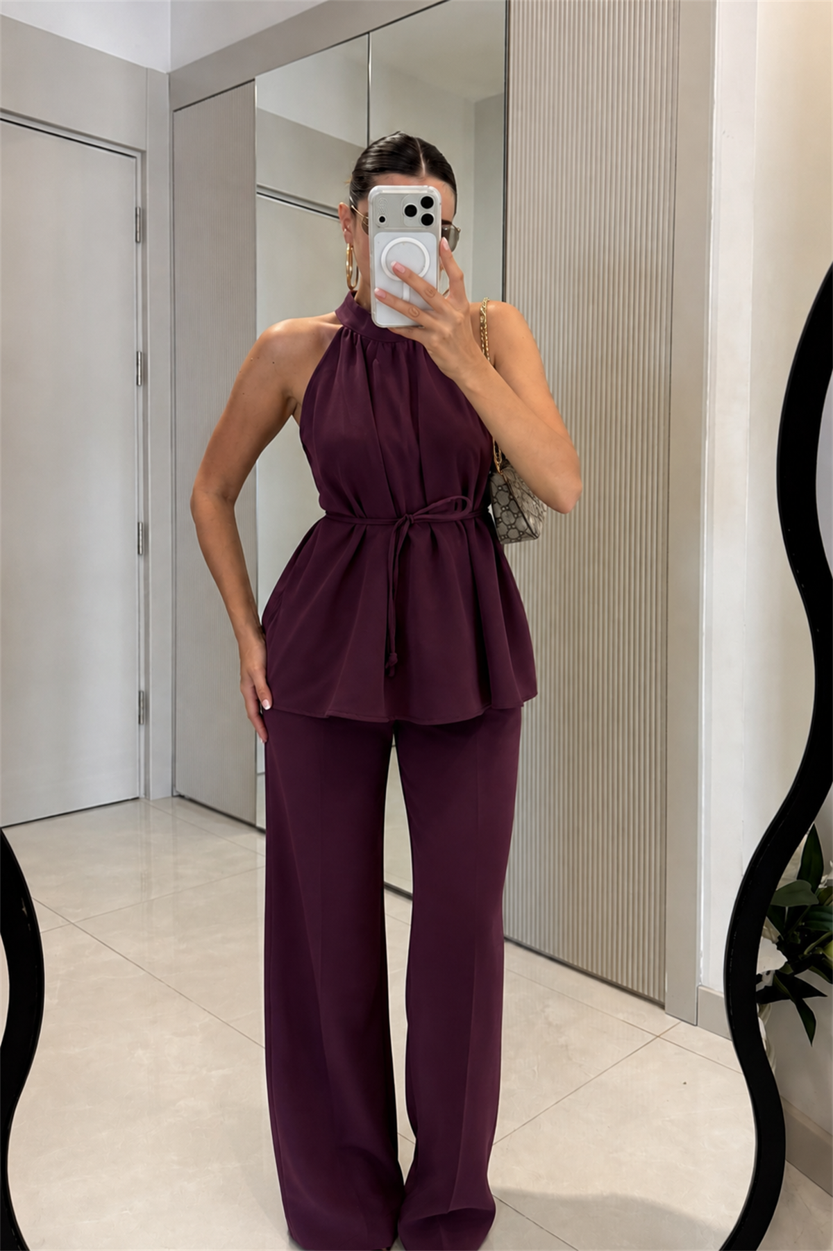 Eliska Mürdüm İp Bağlamalı Bluz Pantolon Takım