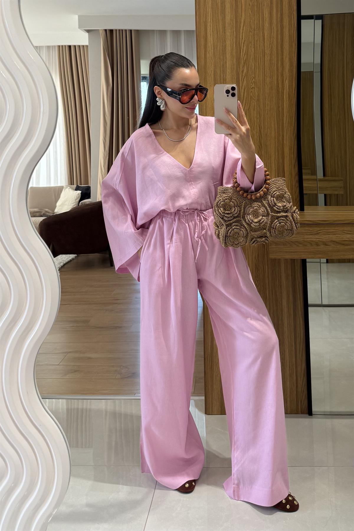 Eliska Pembe Ham Keten Yarasa Kol Takım
