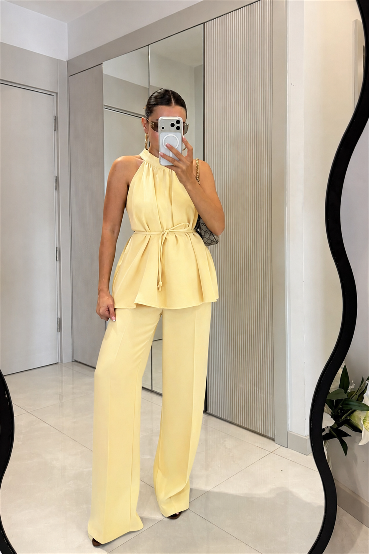 Eliska Sarı İp Bağlamalı Bluz Pantolon Takım