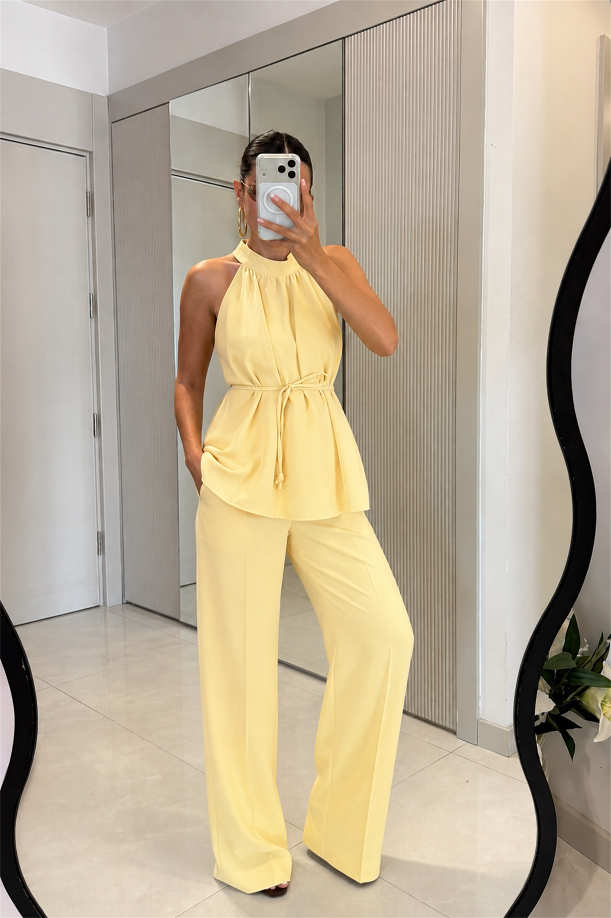 Eliska Sarı İp Bağlamalı Bluz Pantolon Takım