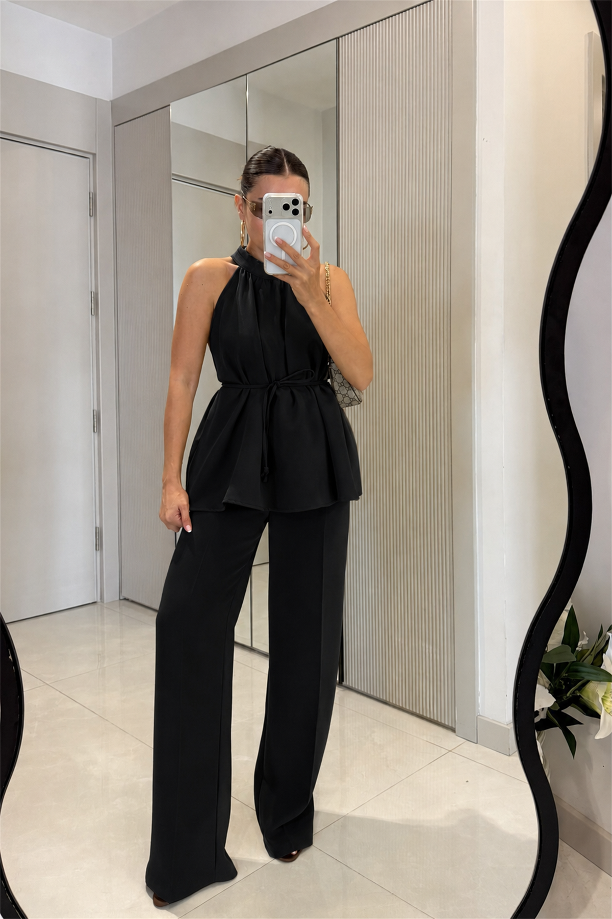 Eliska Siyah İp Bağlamalı Bluz Pantolon Takım