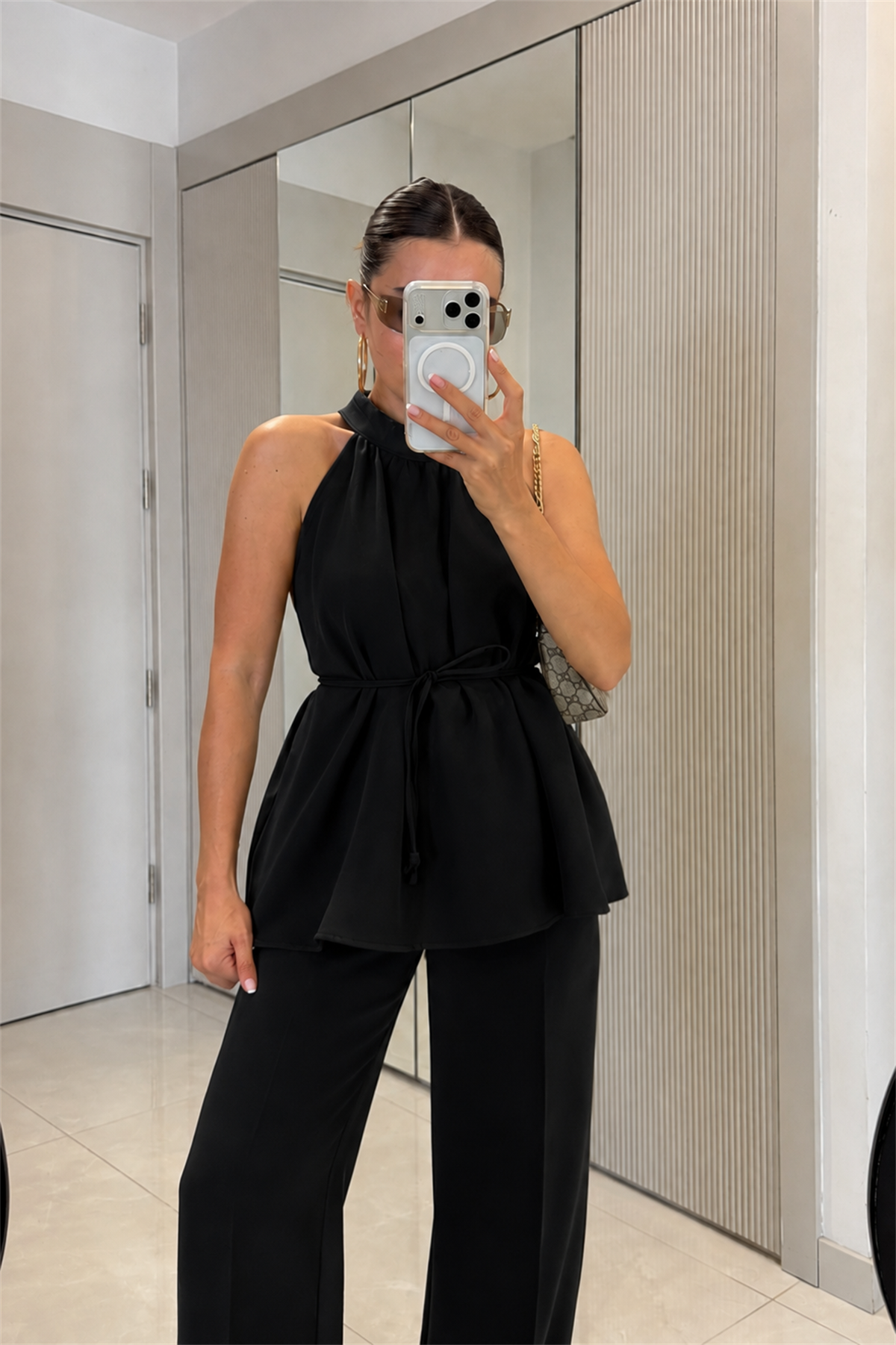 Eliska Siyah İp Bağlamalı Bluz Pantolon Takım