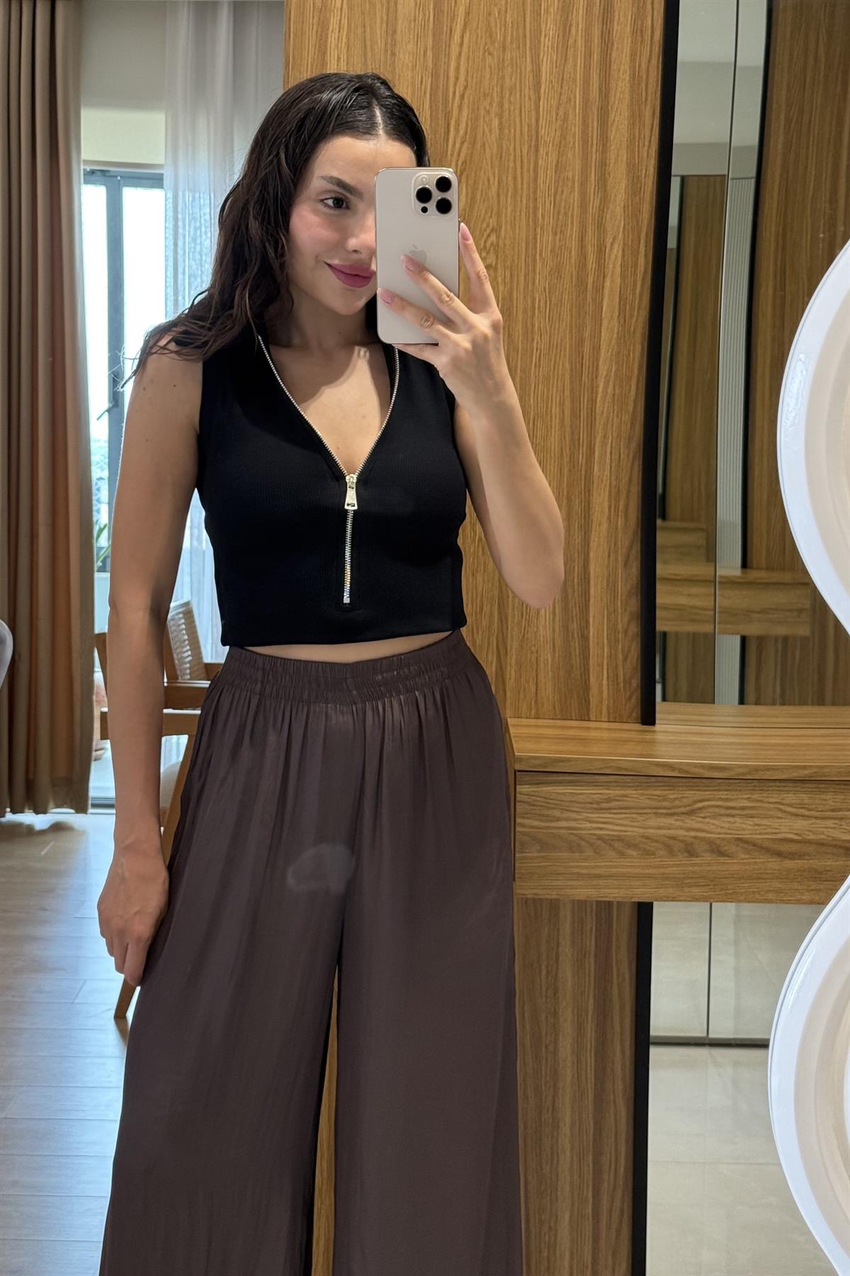 Elive Kahve Saten Bel Lastikli Pantolon 