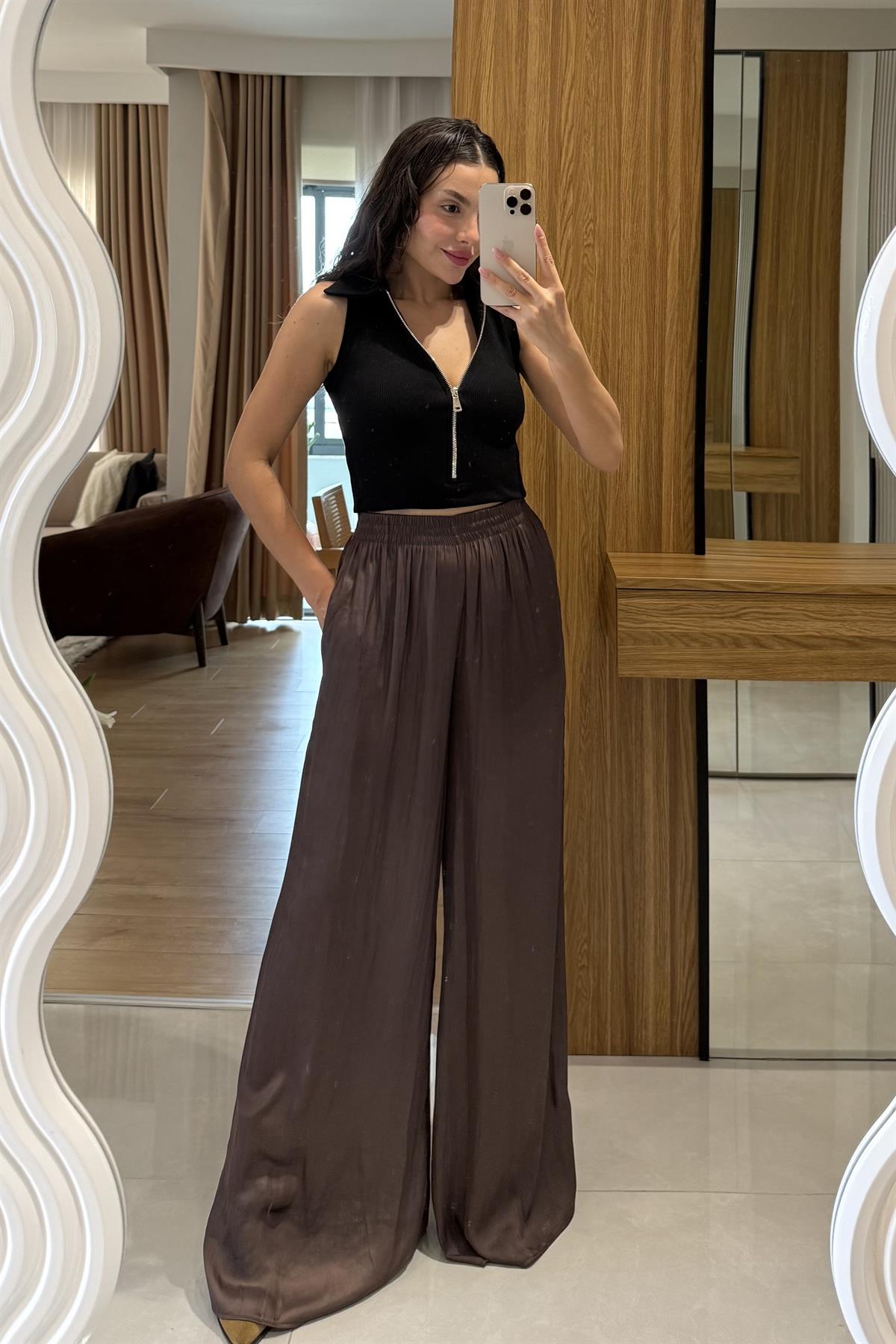 Elive Kahve Saten Bel Lastikli Pantolon 