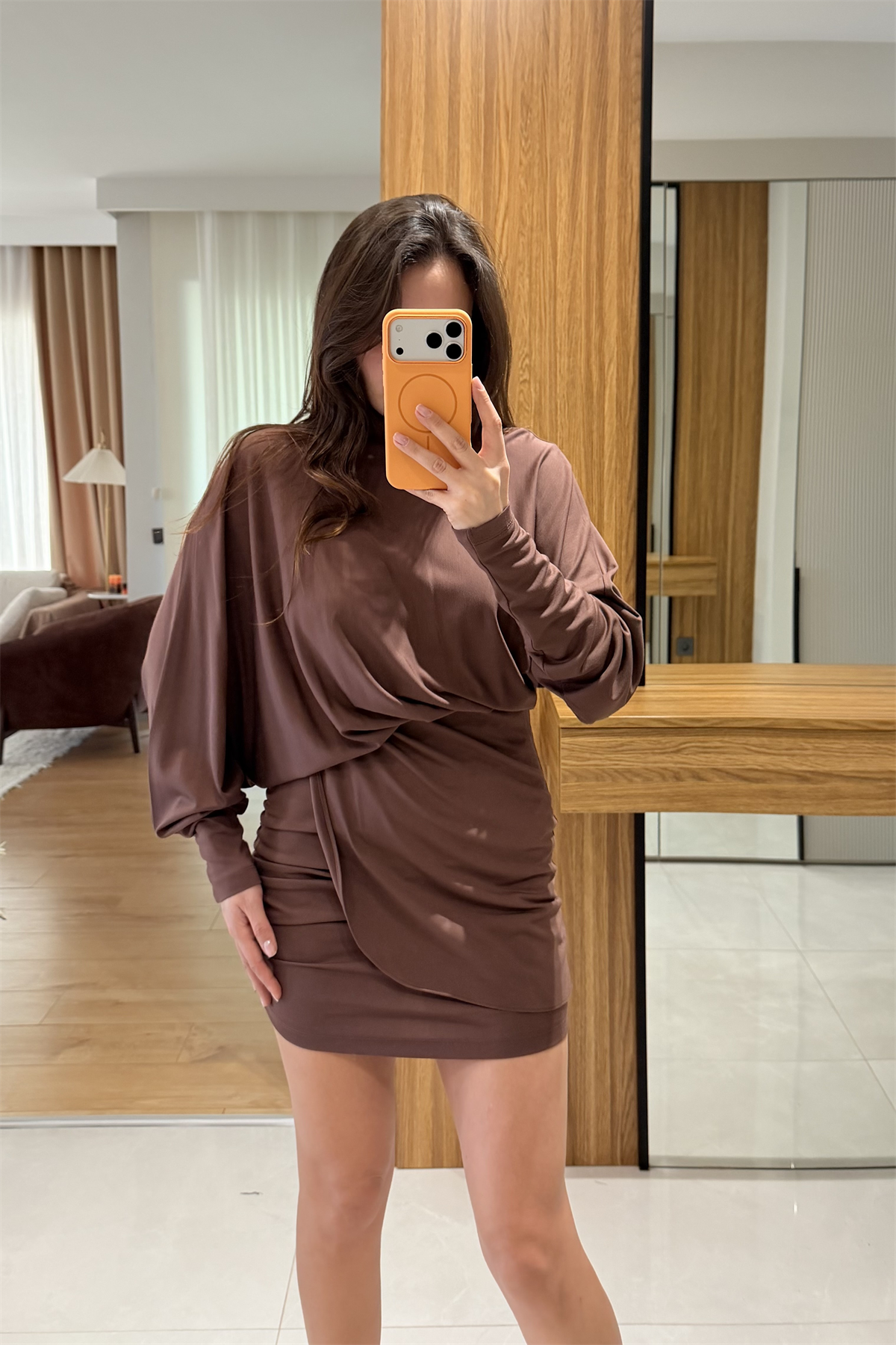 Eliza  Kahve Modal Drapeli Elbise