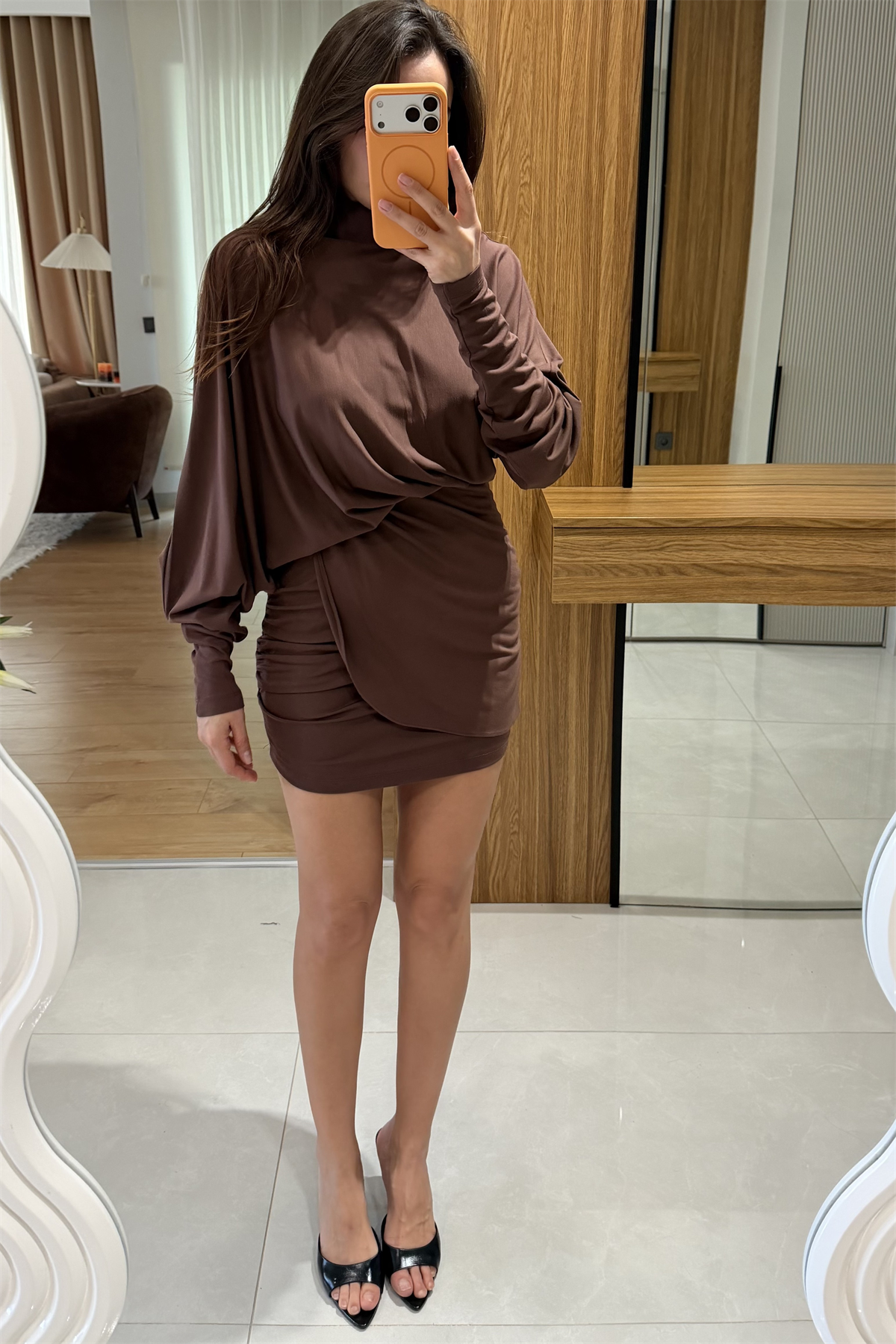 Eliza  Kahve Modal Drapeli Elbise