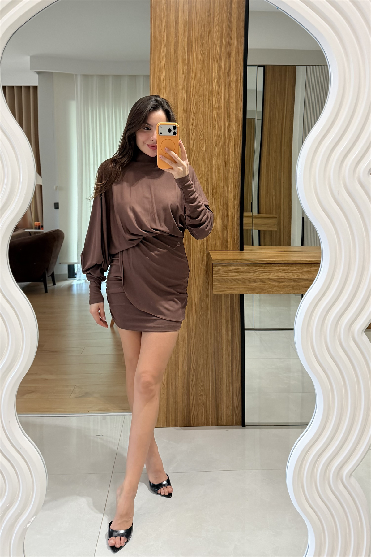 Eliza  Kahve Modal Drapeli Elbise