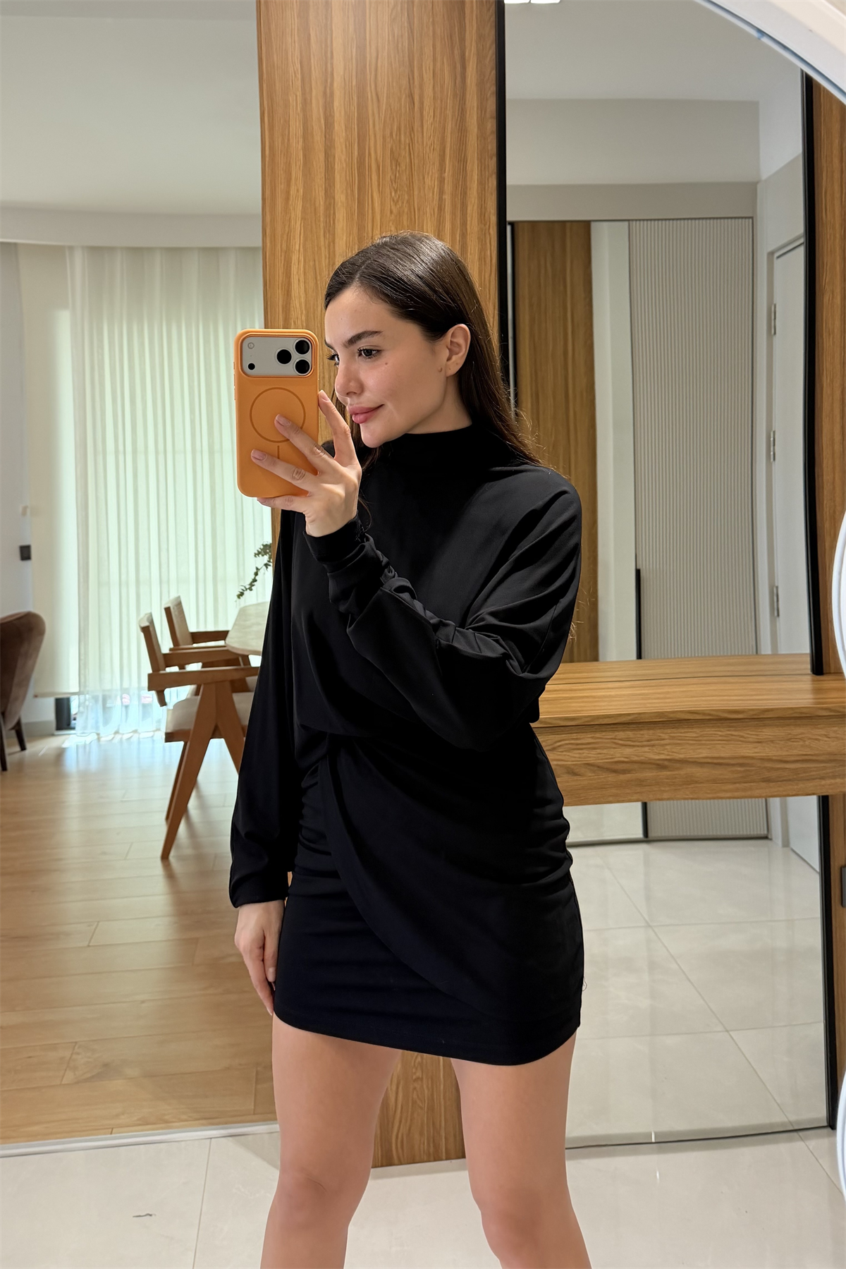 Eliza Siyah Modal Drapeli Elbise