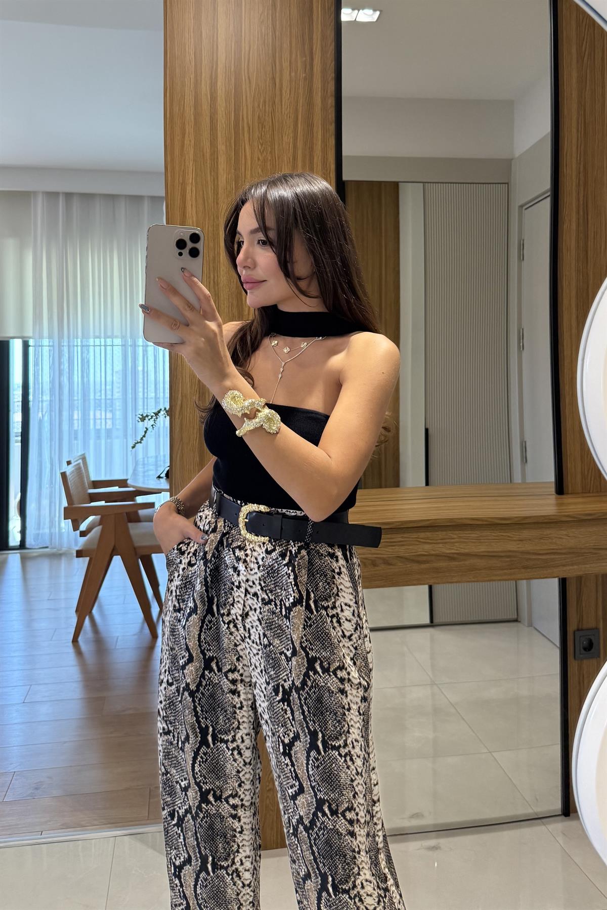Elizza Piton Desen Saten Kemerli Pantolon